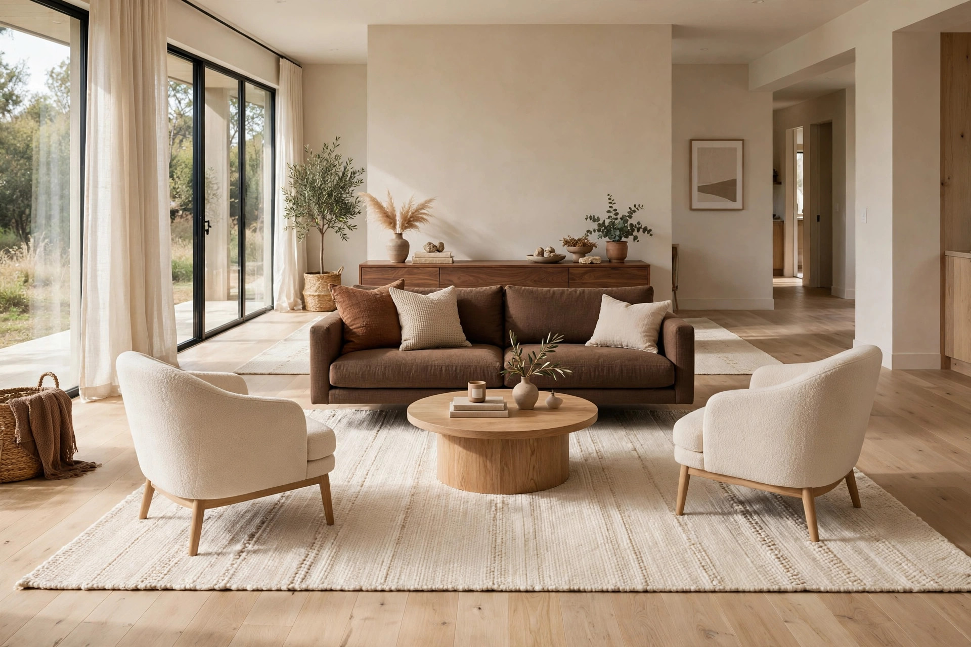 Floating furniture layout in a modern brown living room with seating pulled away from the walls