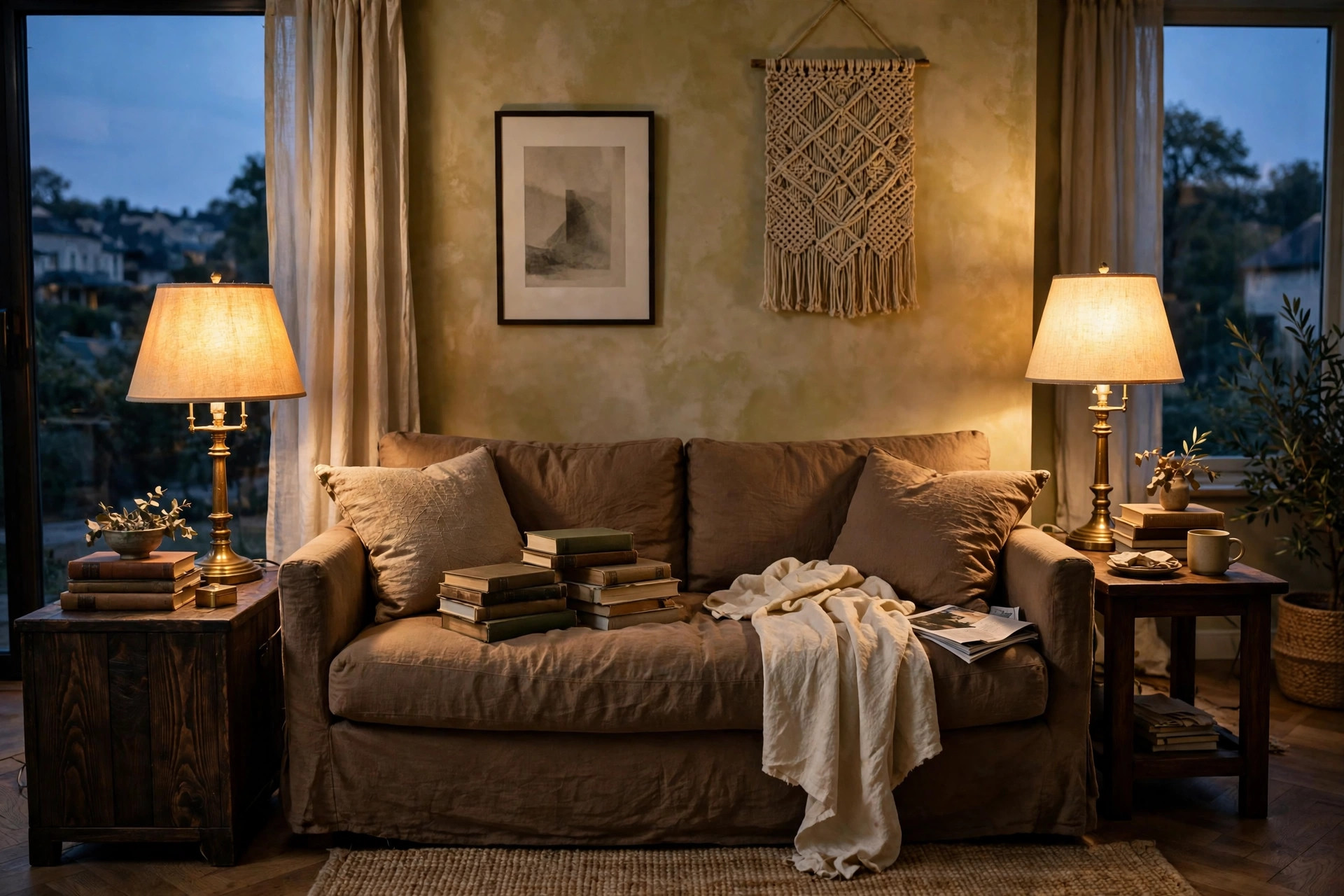 Brass table lamps with cream shades on dark wood side tables in an elegant brown living room