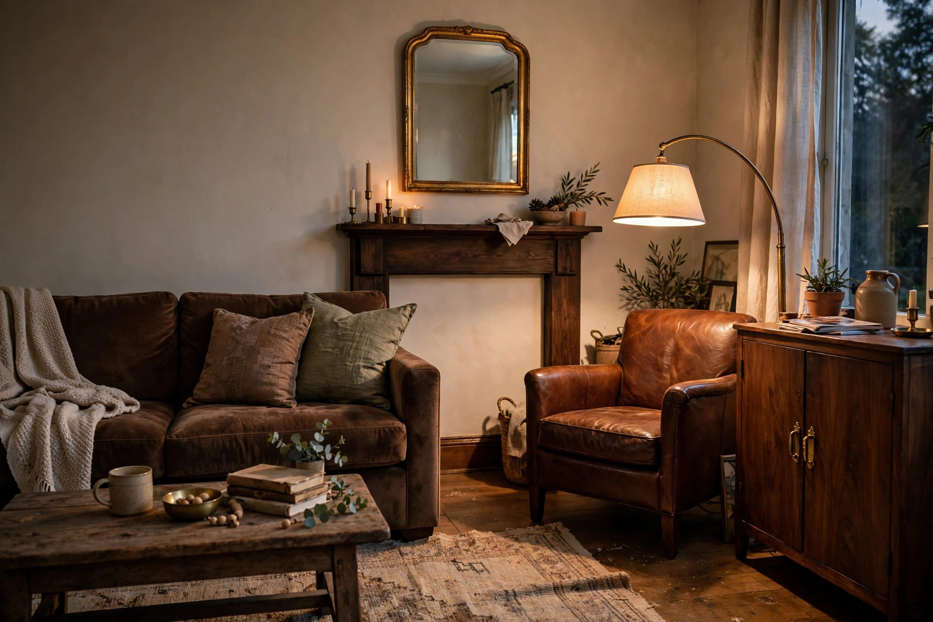 Brass floor lamp and gold framed mirror with chocolate brown sofa in an elegant living room