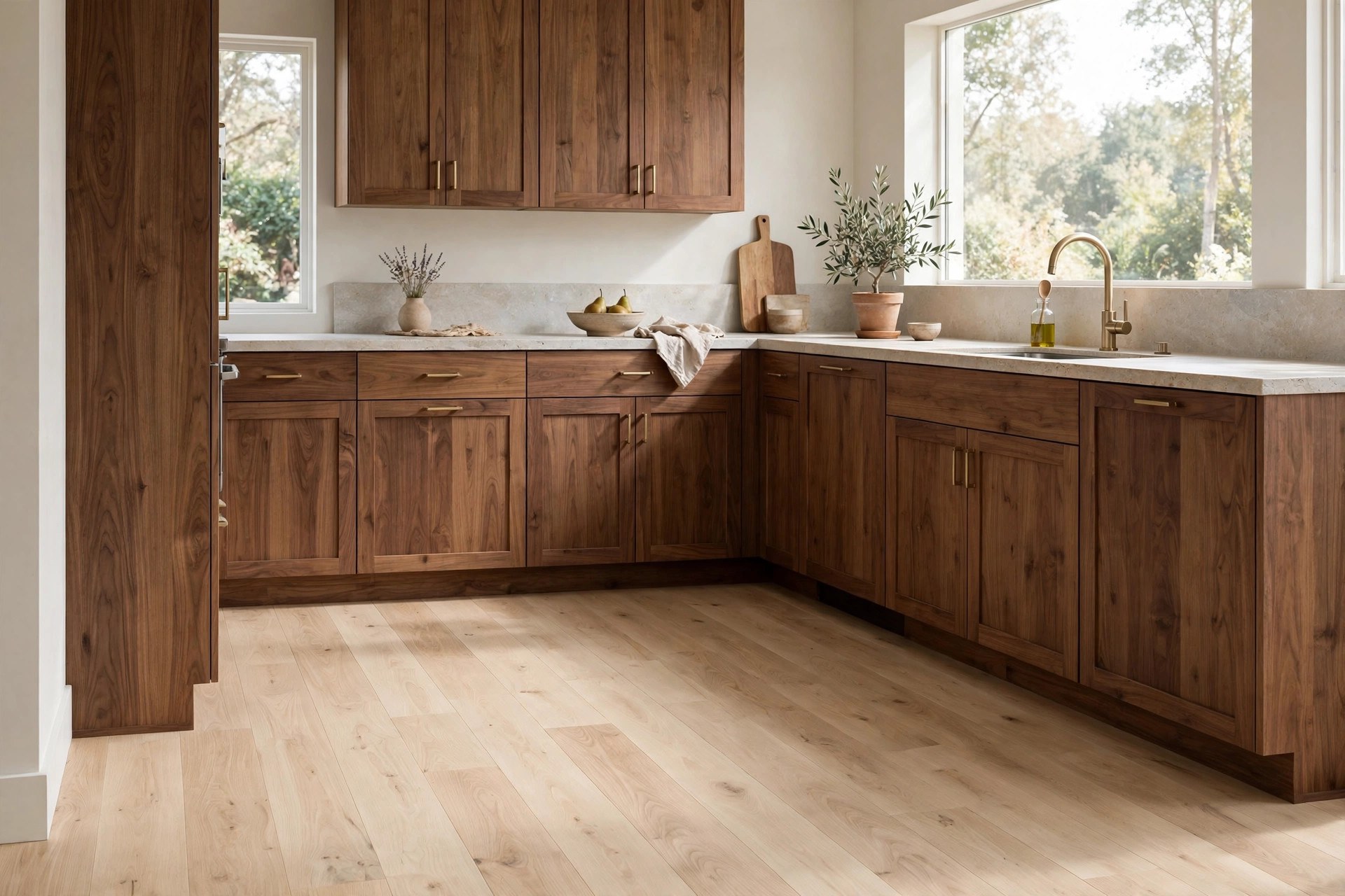 Warm wood kitchen ideas pairing a pale oak floor with mid-tone walnut cabinets in clear contrast