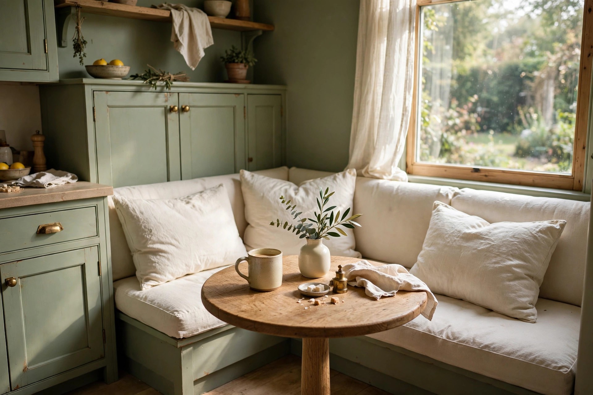 Cream breakfast nook bench with cushions in a sage green kitchen