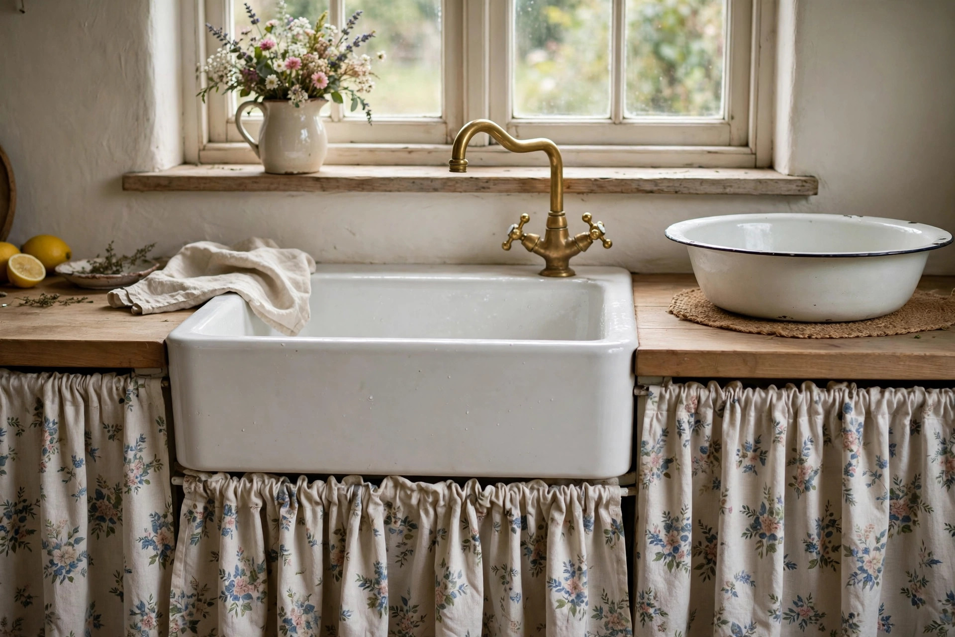White farmhouse sink with a brass faucet and a gathered floral fabric skirt below the counter