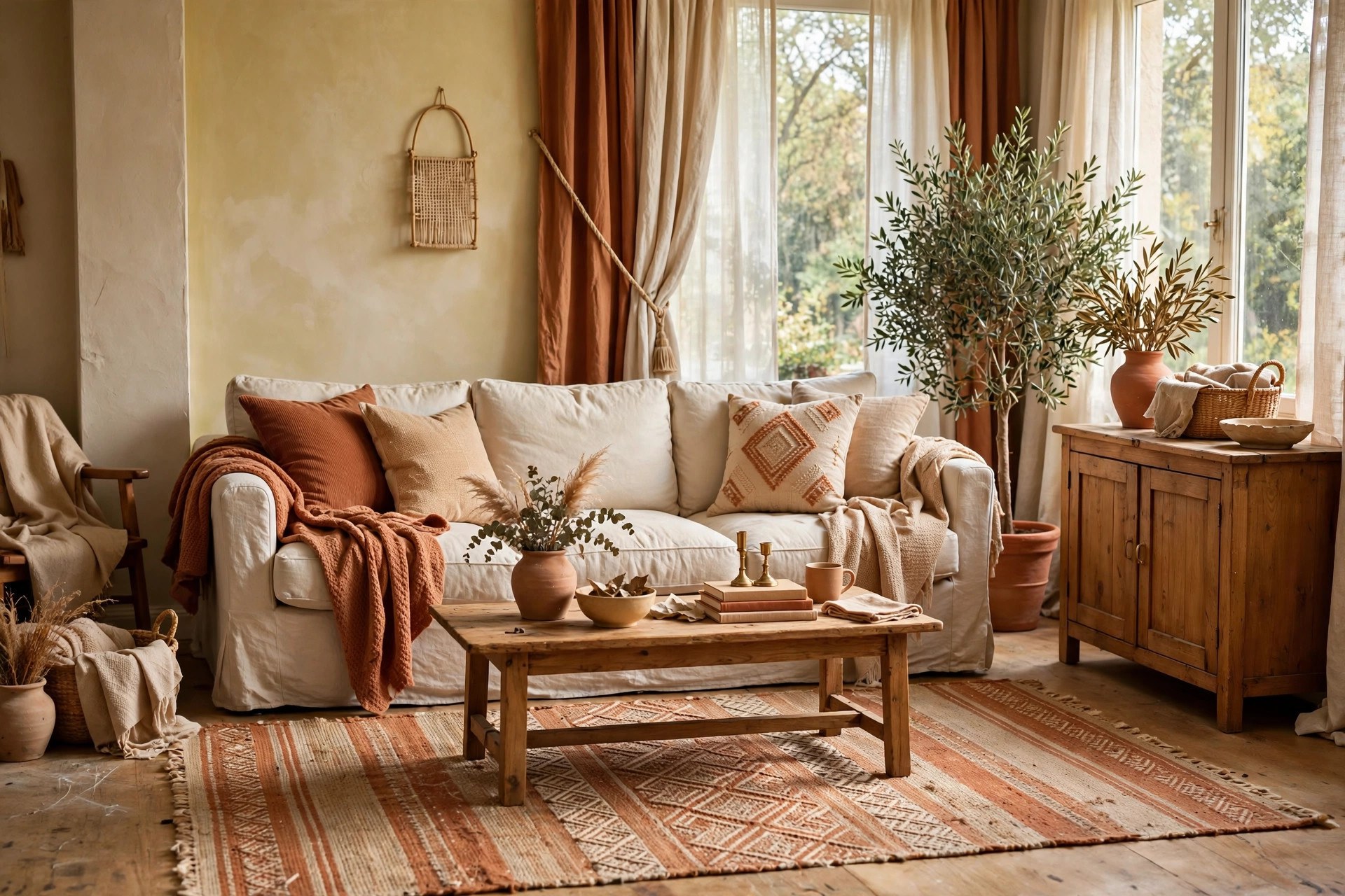 Throws and textiles in one warm colour story for a living room makeover under $500