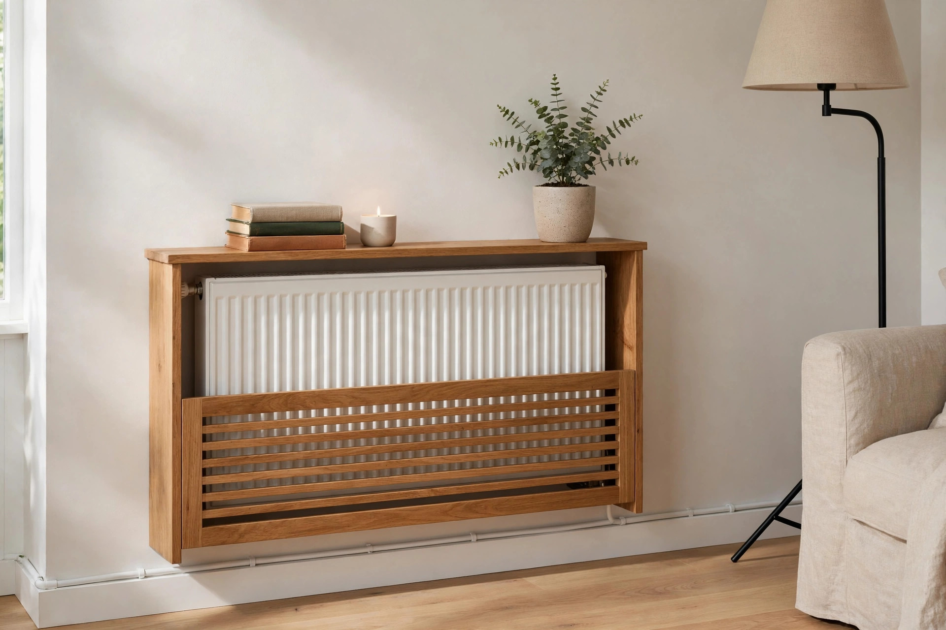 Freestanding radiator cover shelf styled with books and a plant in a rental living room