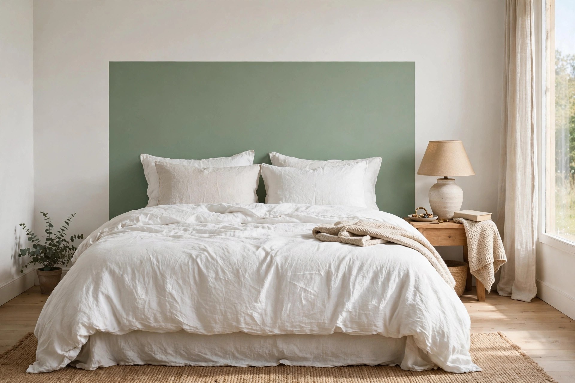 Sage green painted rectangle colour block as a faux headboard on the wall above a bed