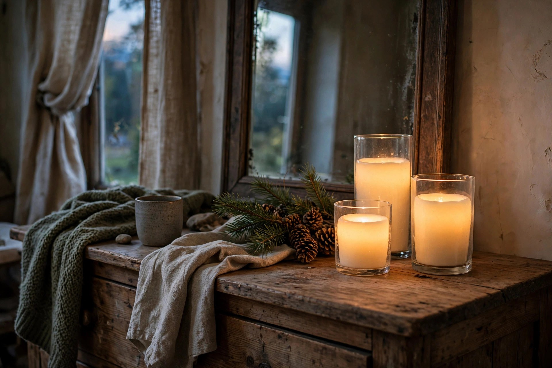Flameless candles in glass holders glowing on a bedroom dresser at dusk, Christmas bedroom ideas