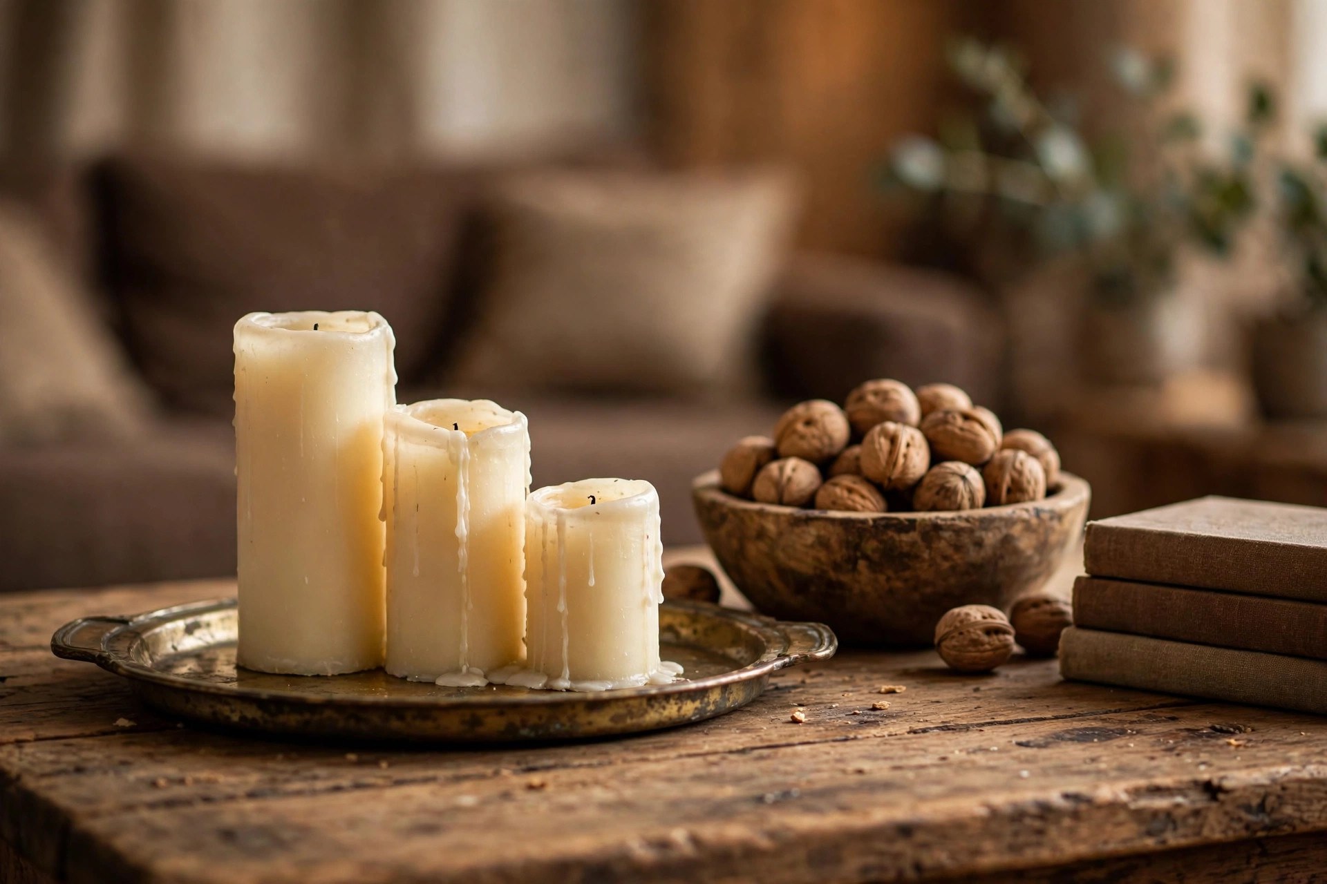 Brass tray with candles and a wooden bowl of walnuts on a coffee table in a brown Christmas living room
