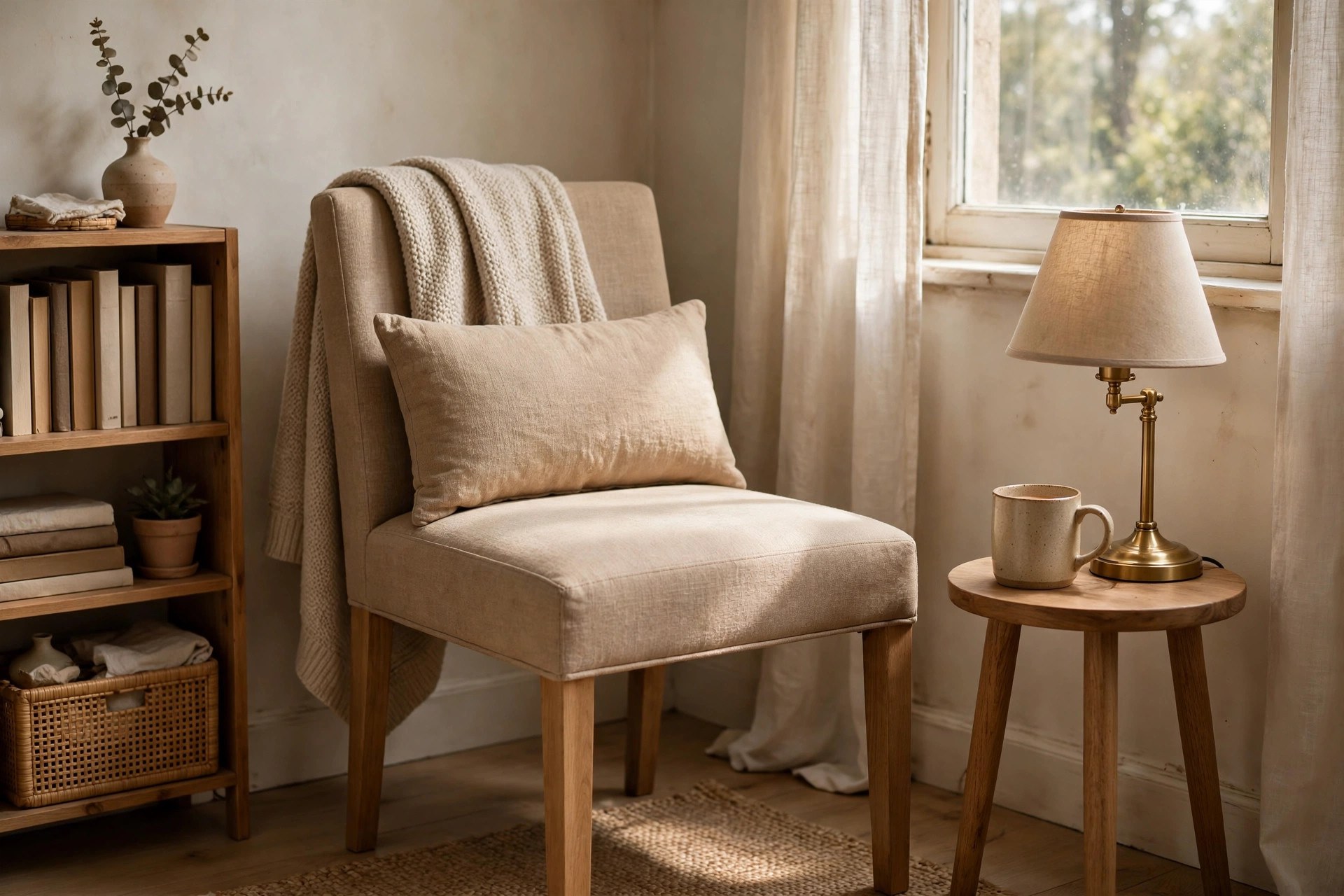 Upholstered dining chair with a lumbar cushion and throw used as a dual-purpose reading chair for small spaces