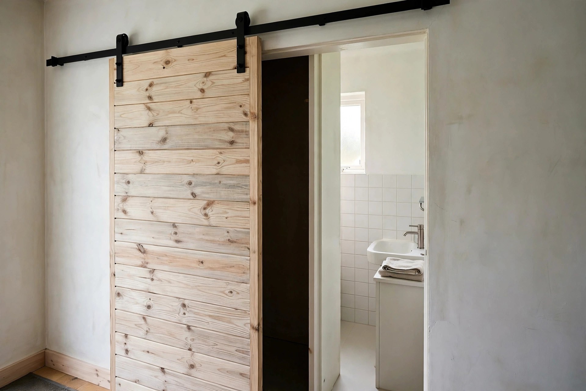 Pale sliding door saving space in a small bathroom doorway