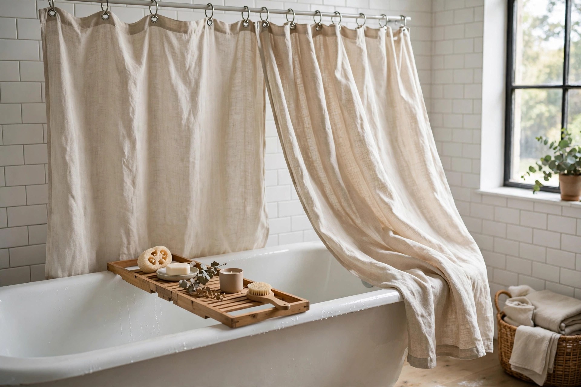Linen-look shower curtain on metal rings over a bathtub in a refreshed budget bathroom