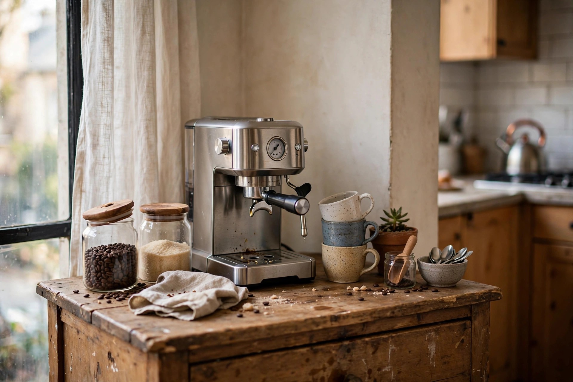 Espresso coffee station on a small wooden sideboard in an apartment dining corner near the kitchen