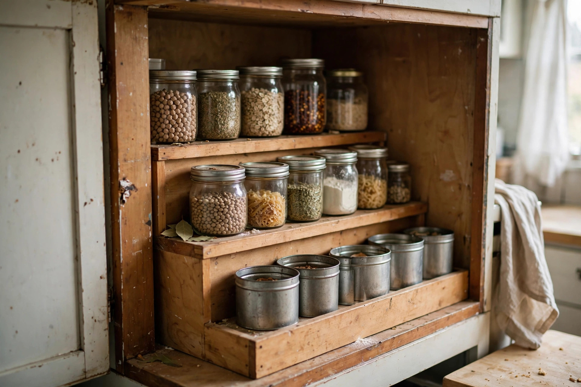 Tiered risers and a tension rod organising tins and jars inside a kitchen cabinet