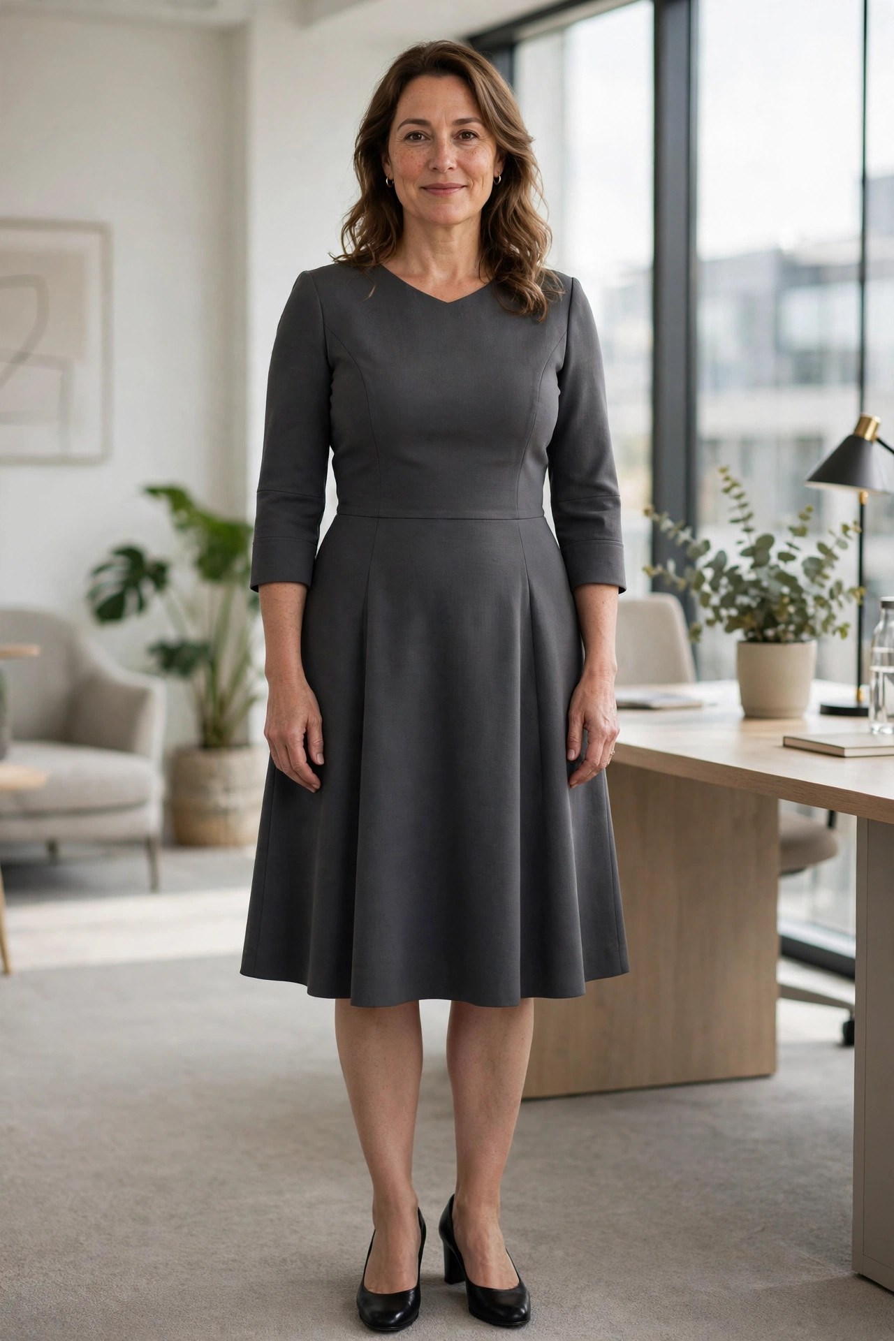 Woman wearing a charcoal fit-and-flare crepe dress with a smooth structured bodice for work