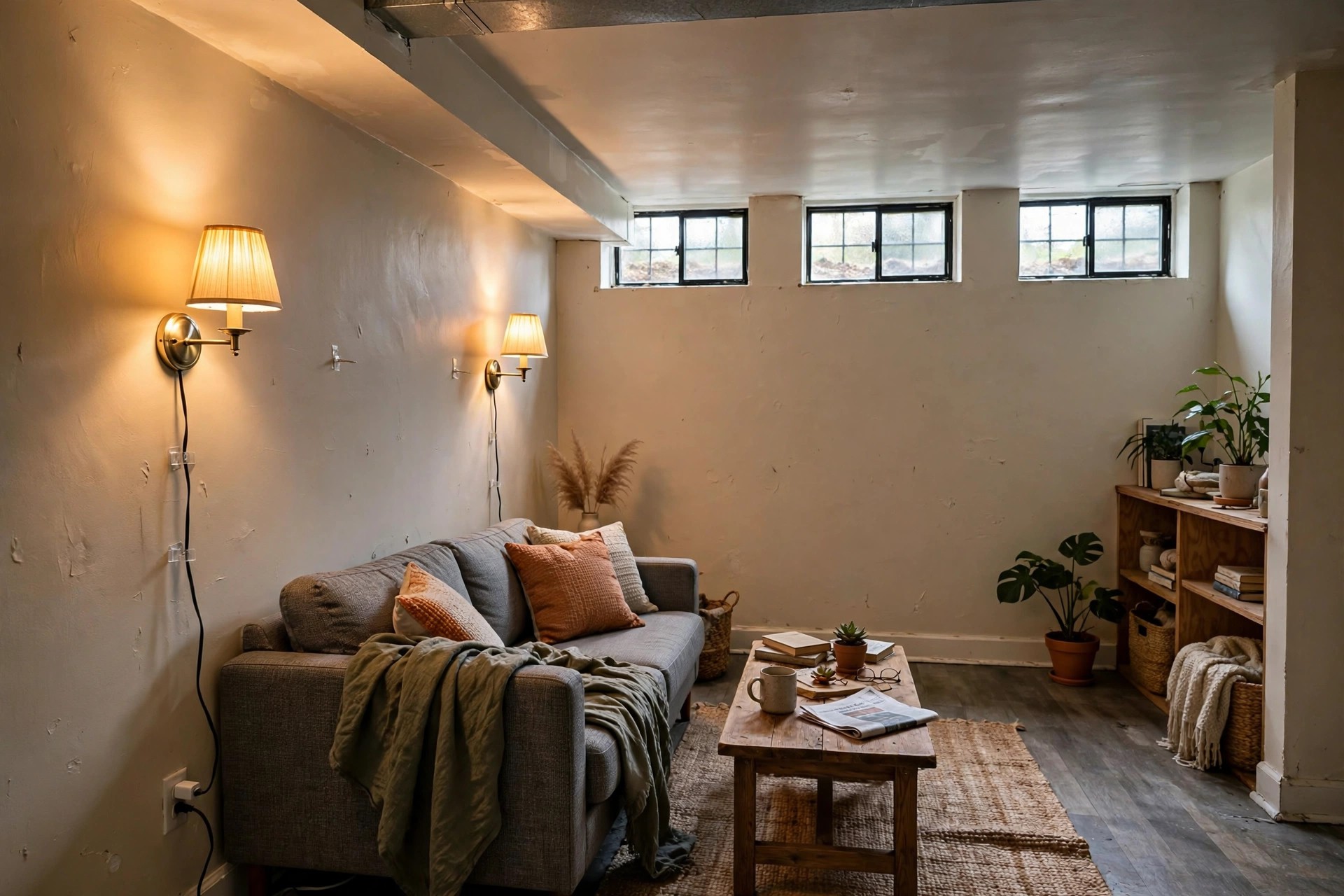 Plug-in wall sconces and removable hooks adding light without drilling in a rental basement flat