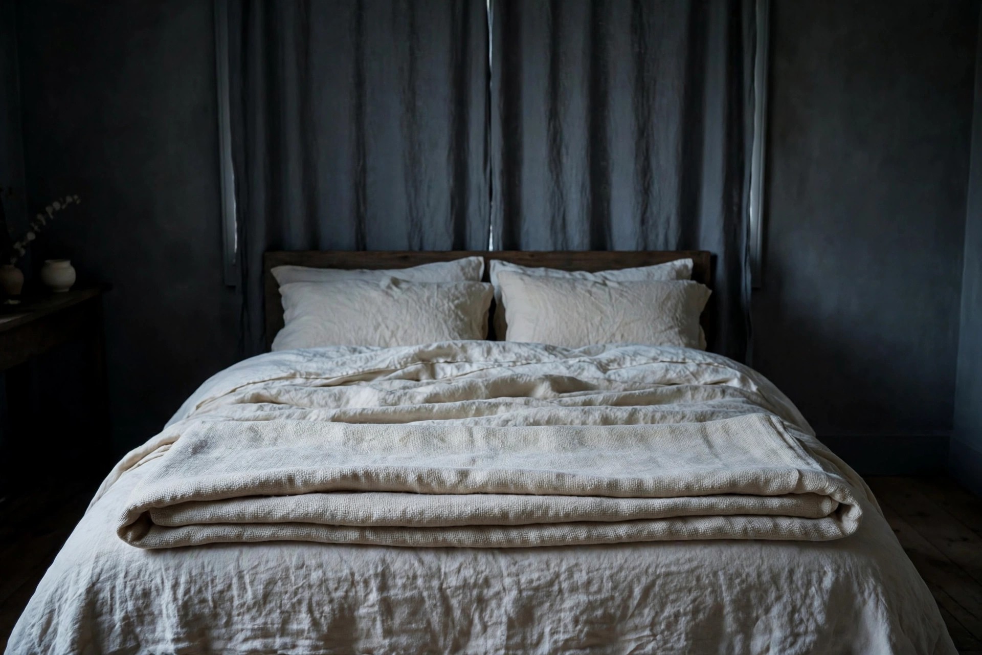 Bed made with breathable natural cotton and linen layers in a cool dark bedroom