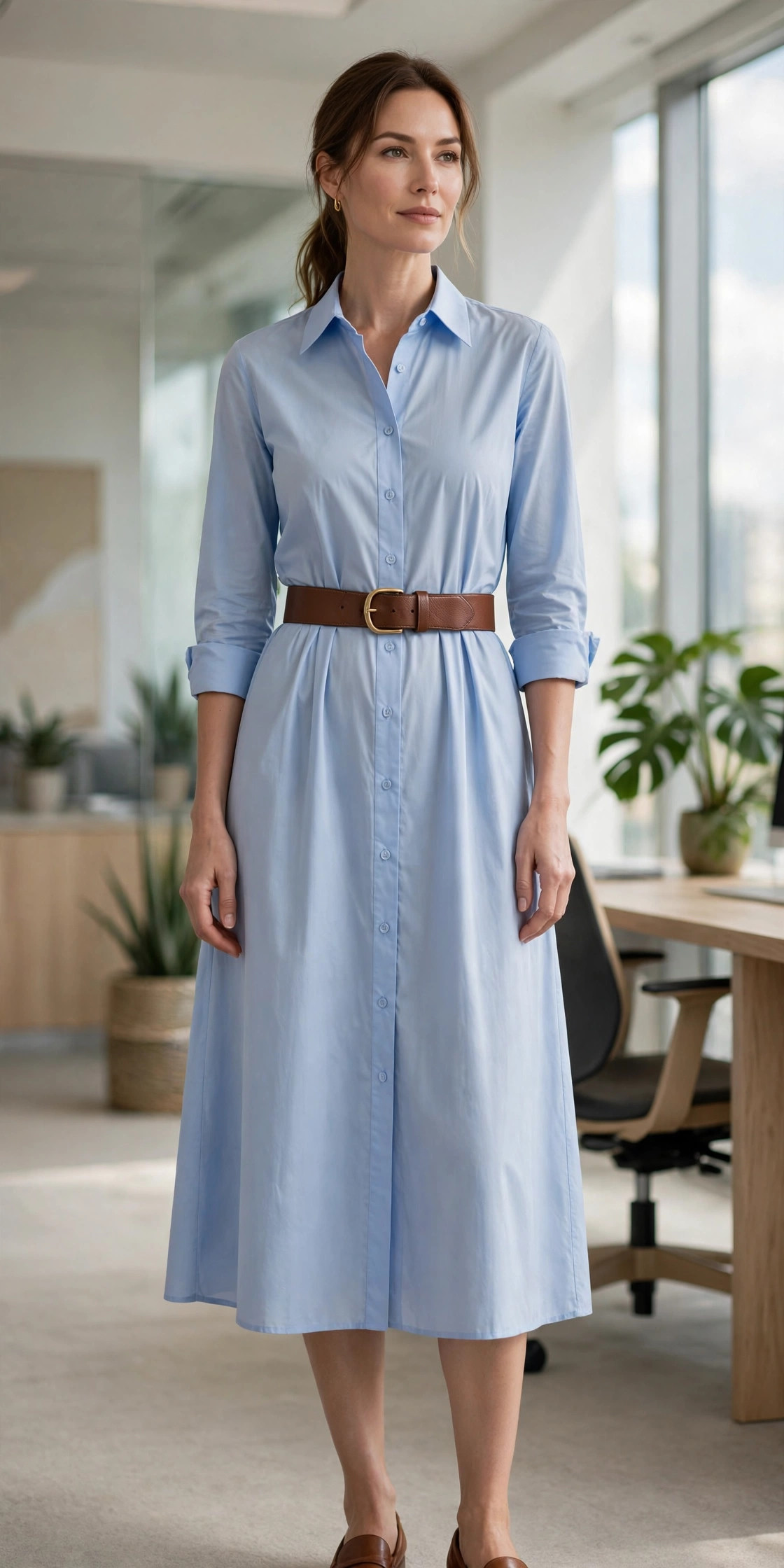 Light blue shirt dress belted at the natural waist with a wide brown leather belt, office outfit for a long torso