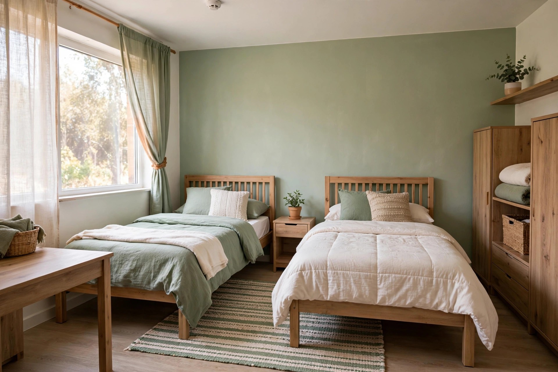 Shared dorm room in a simple palette of sage green, warm white and natural wood across both beds and a rug