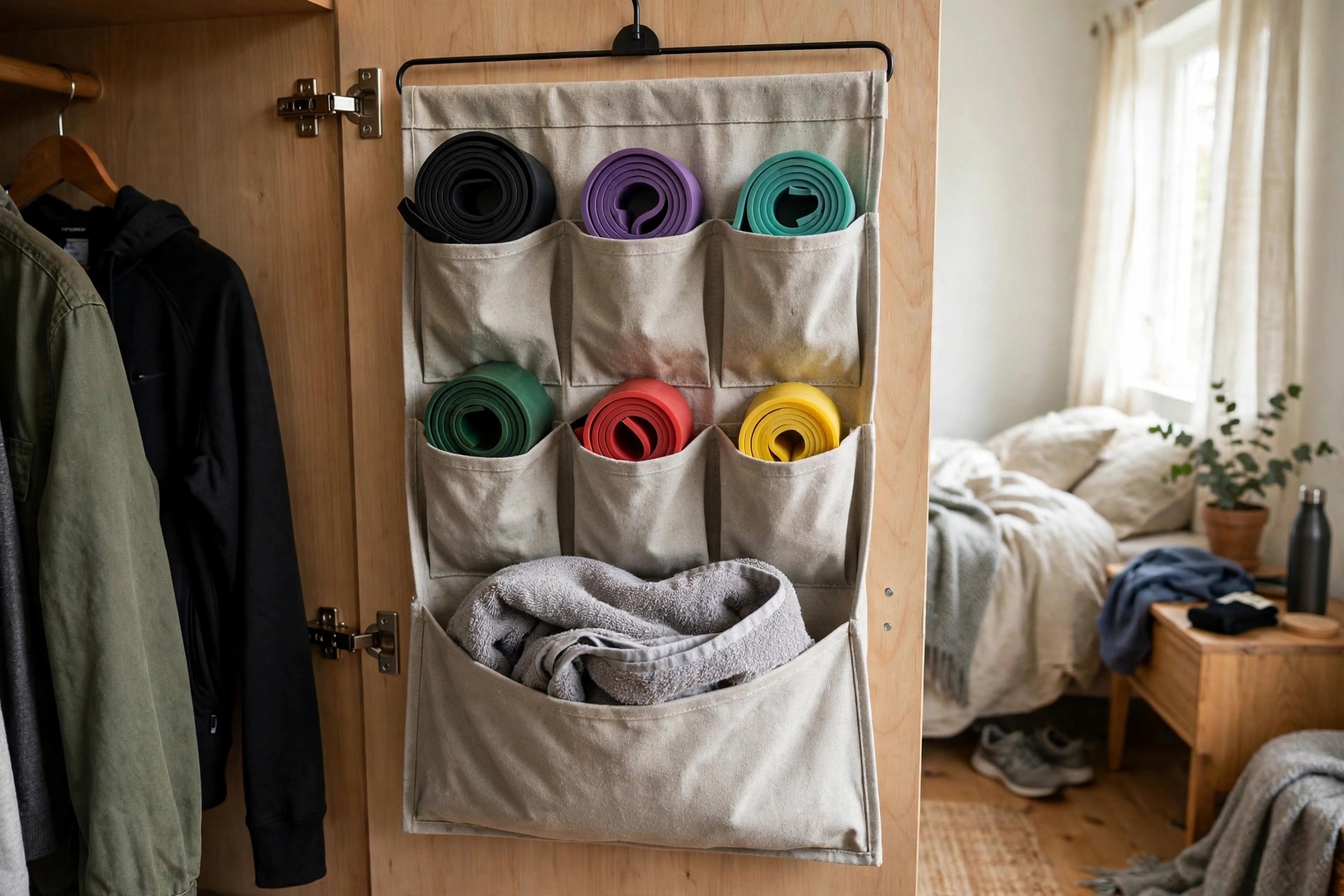Over-door organiser inside a wardrobe door storing rolled bands and a folded gym towel