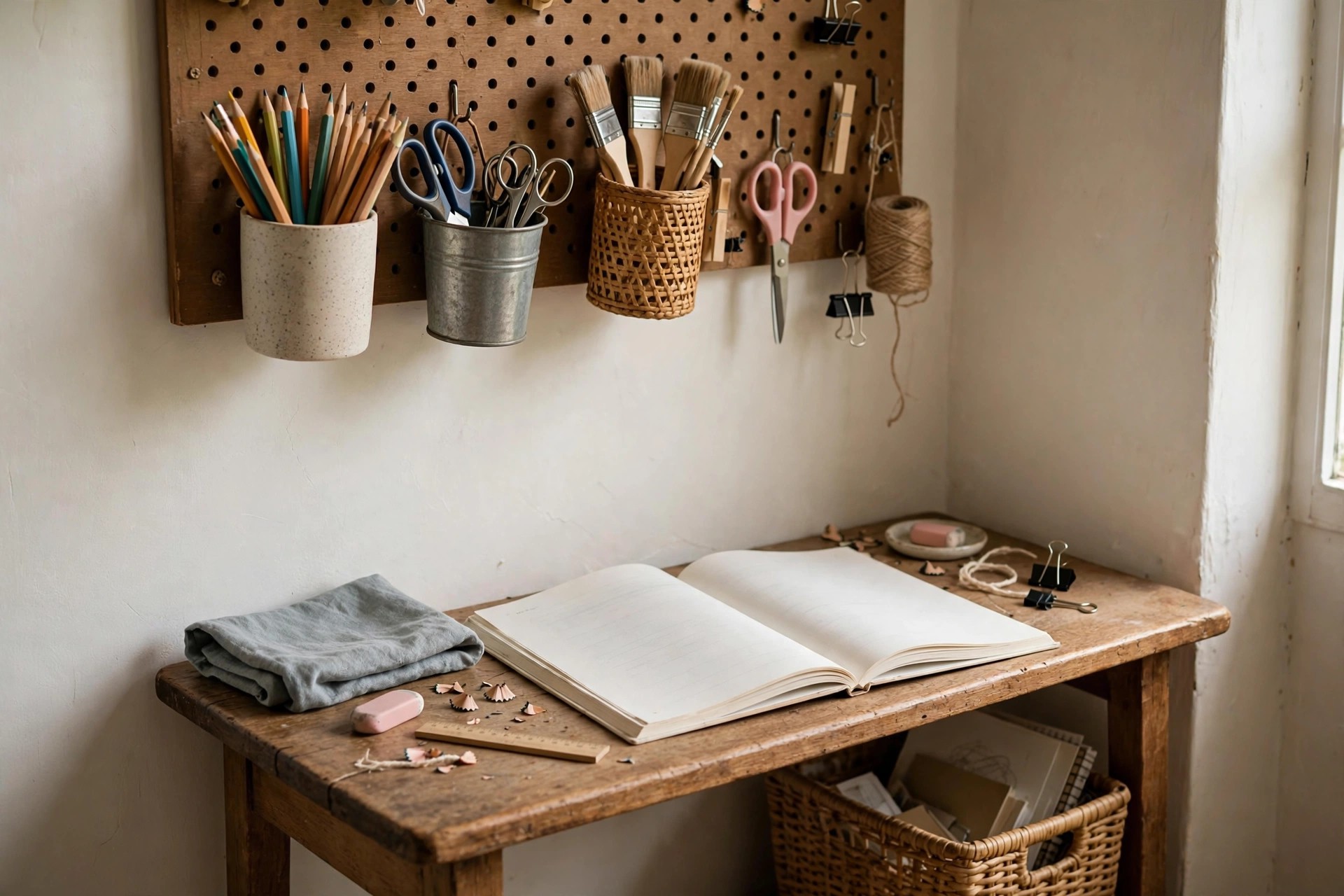 Pegboard wall storage above a narrow homeschool desk in a small home corner