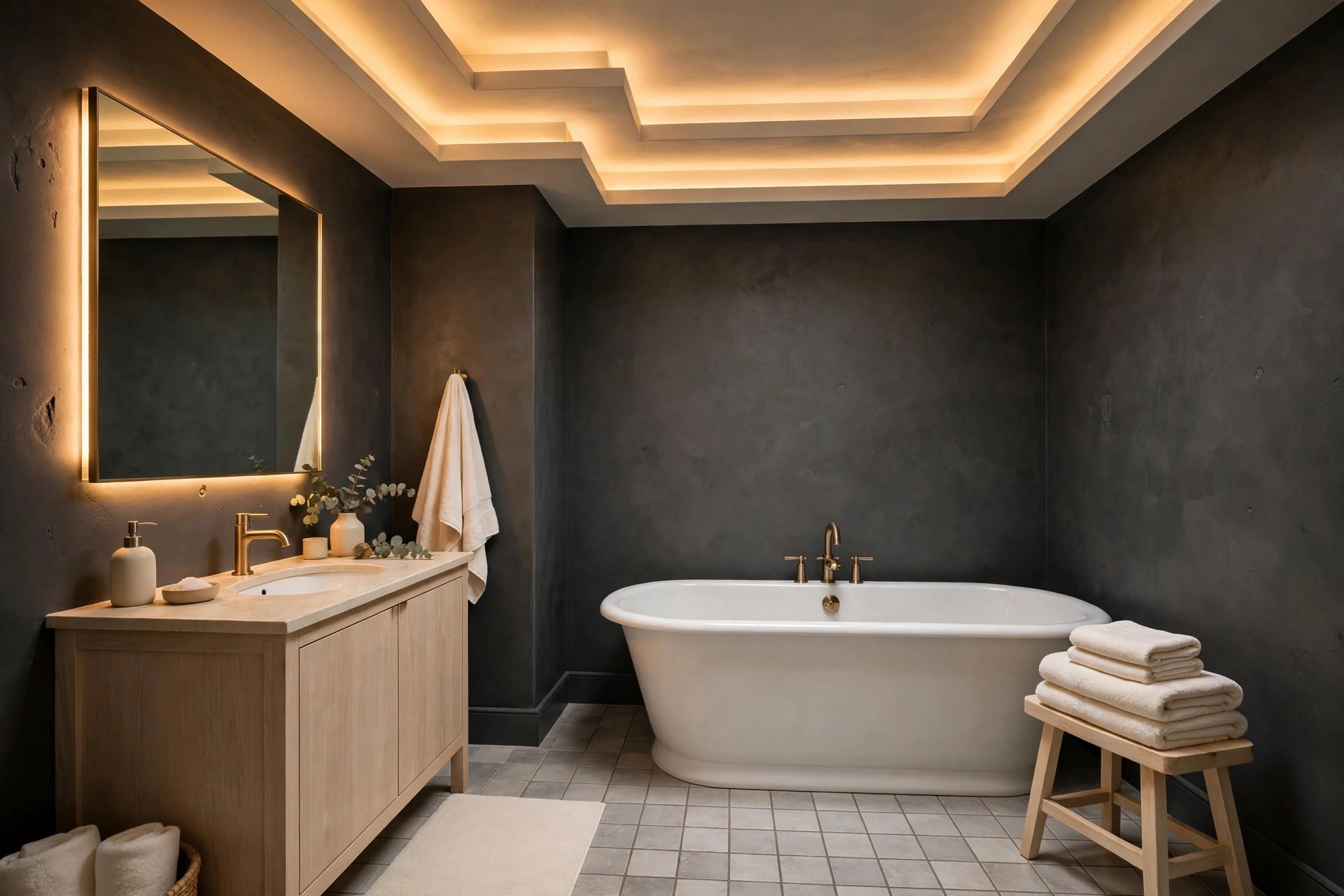 Charcoal walls giving a cocooning spa mood to a bathroom with no windows and folded beige towels
