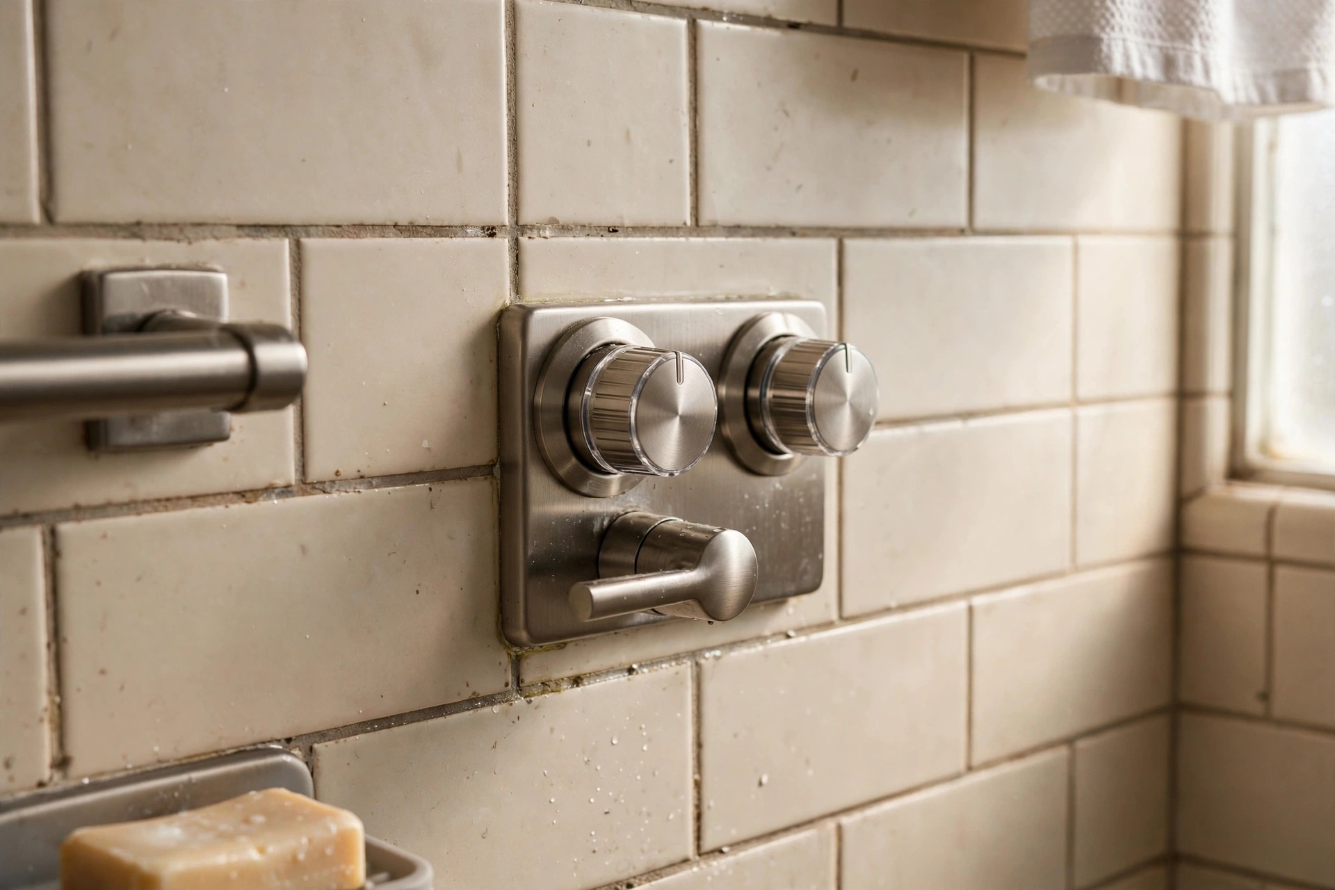 Modern thermostatic shower controls with clear easy-turn dials in an accessible bathroom for elderly parents