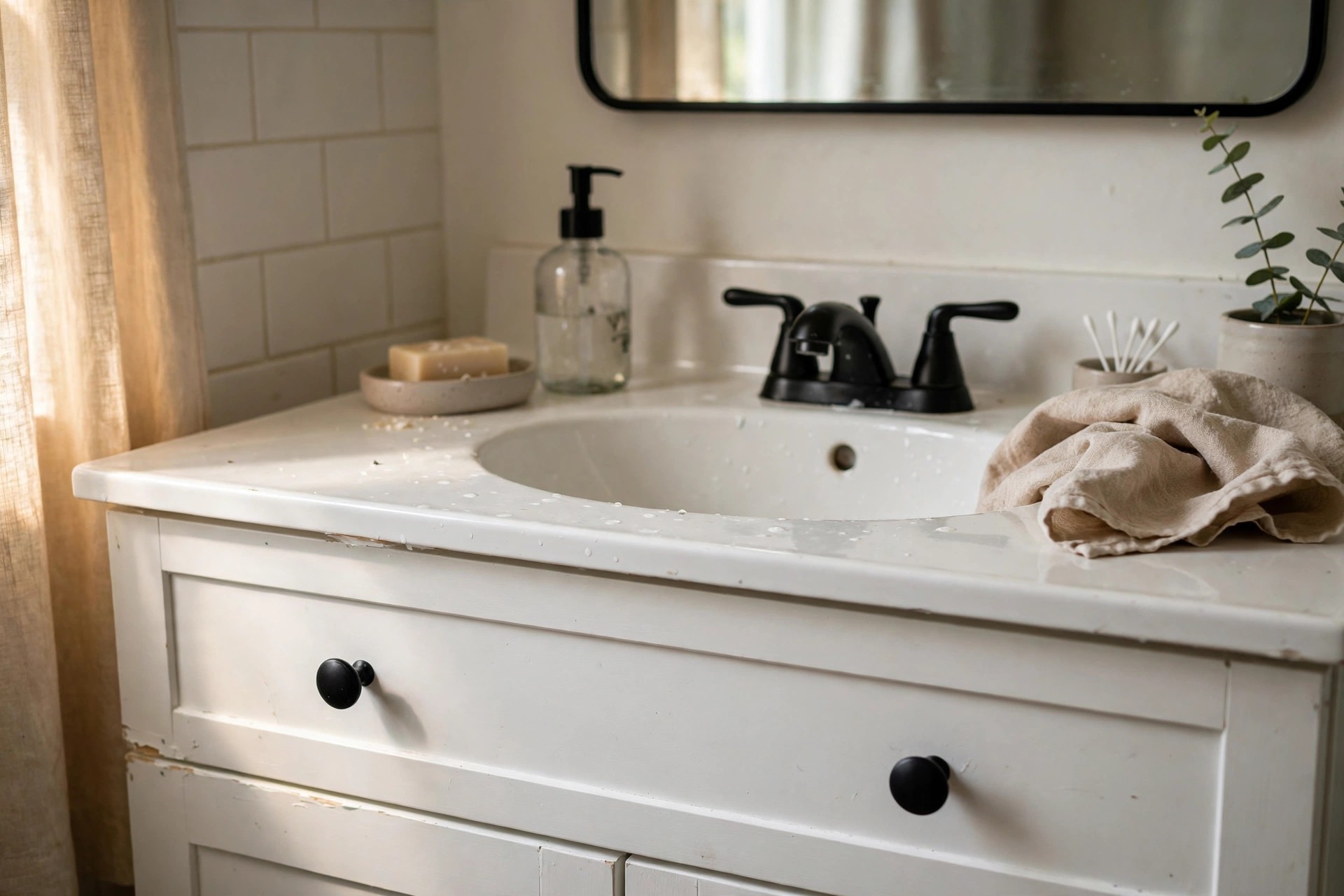 White vanity cabinet with new matte black knobs in a renter friendly bathroom idea with no drilling