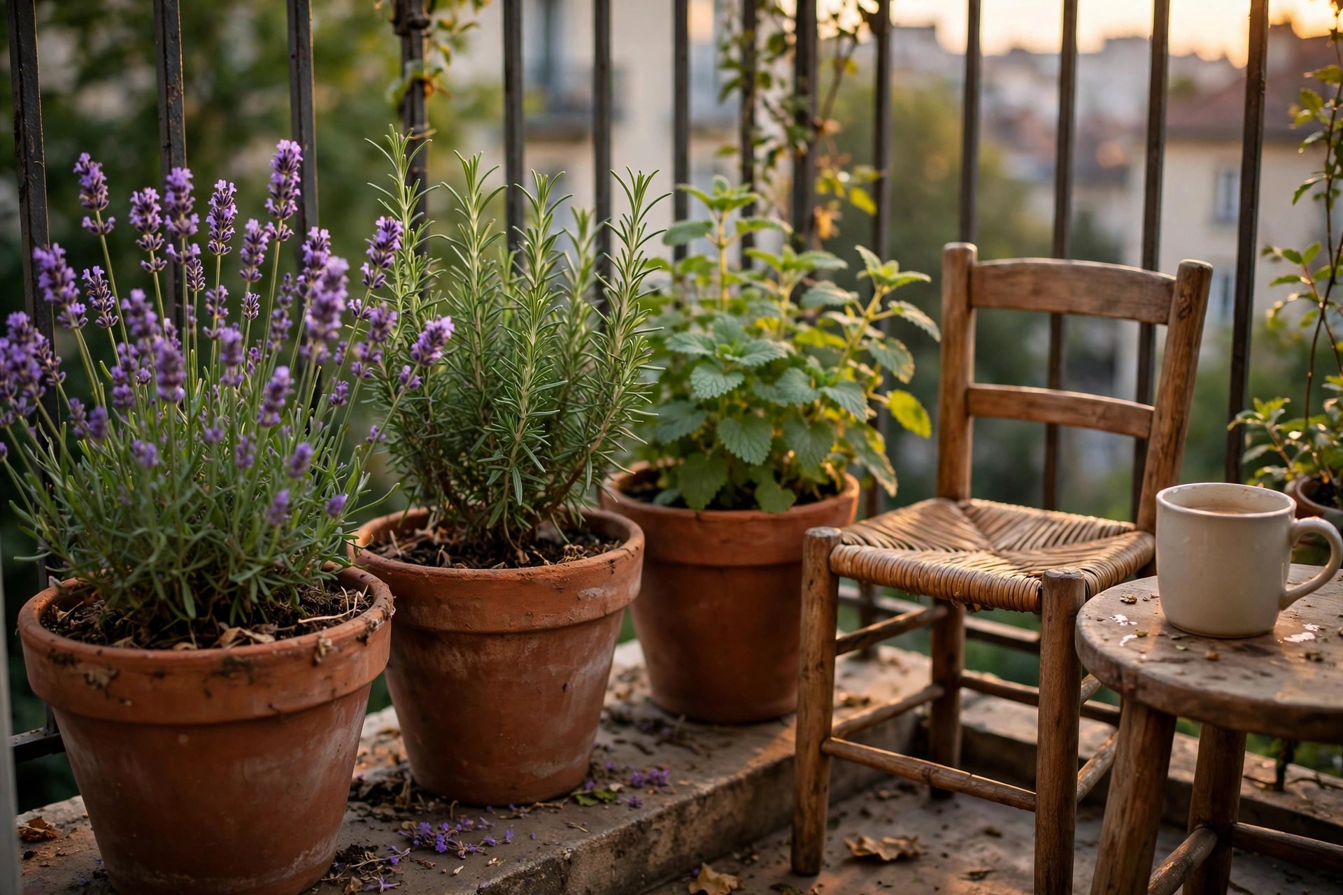 Lavender and scented herbs in pots beside a chair in an evening apartment balcony herb garden