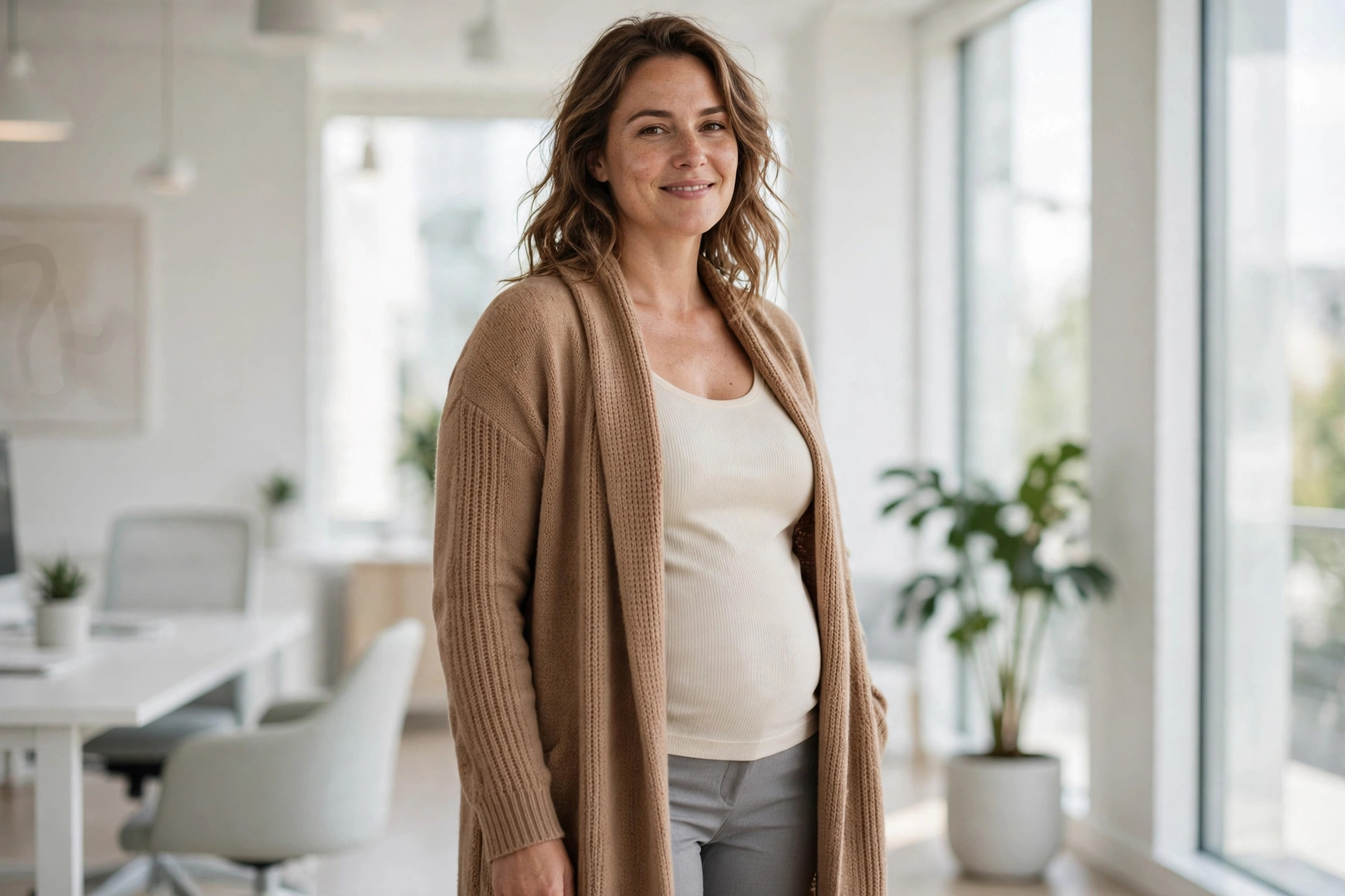 Apple shaped woman in a long camel cardigan over a cream top and slim grey trousers