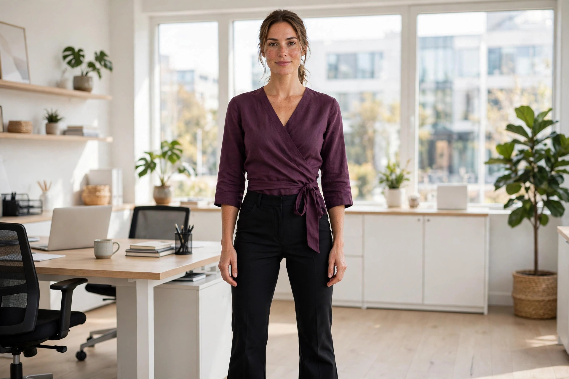 Hourglass woman wearing a plum surplice wrap top with black bootcut trousers in an office