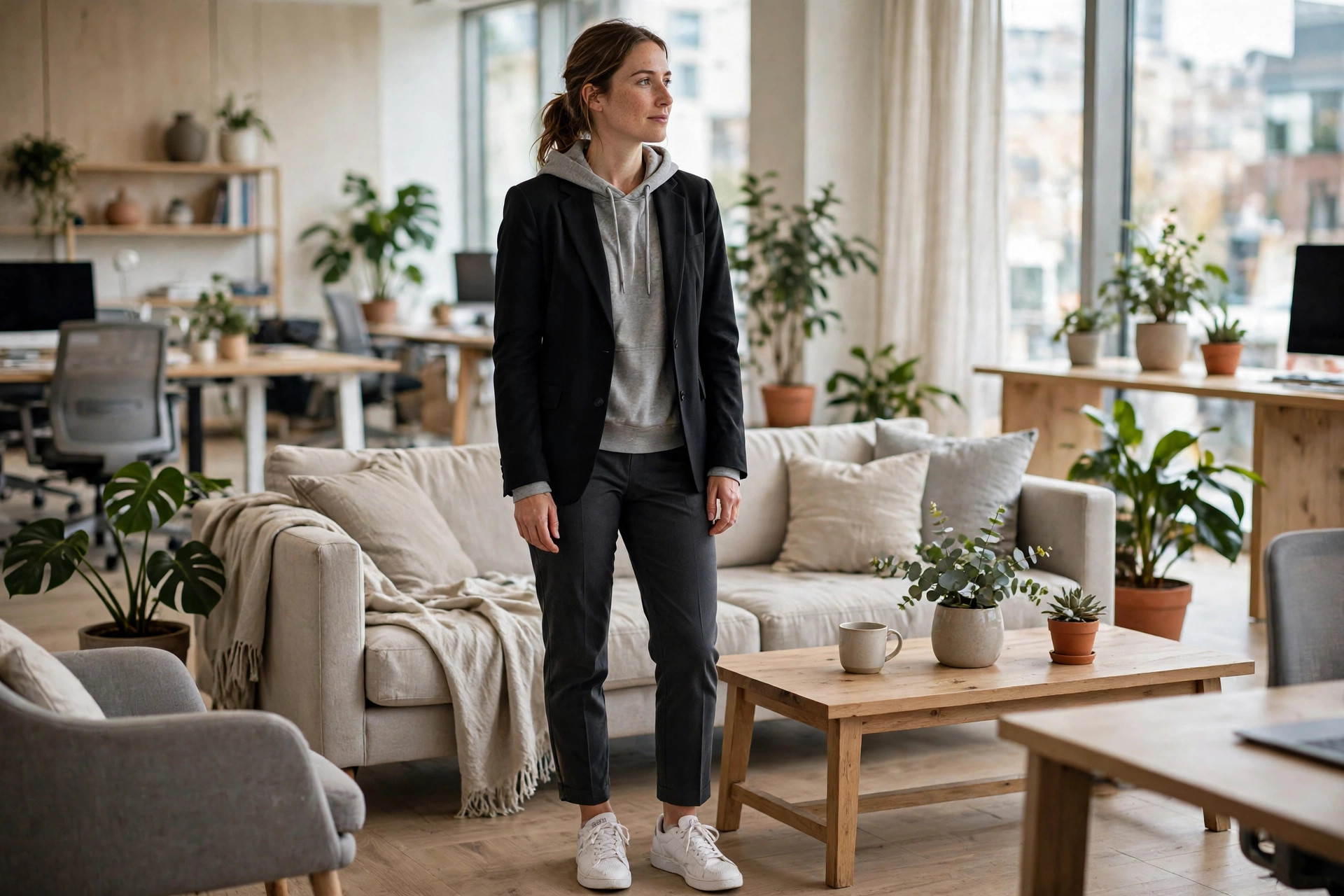 Grey hoodie under a black tailored blazer with dark trousers and white sneakers in an office lounge