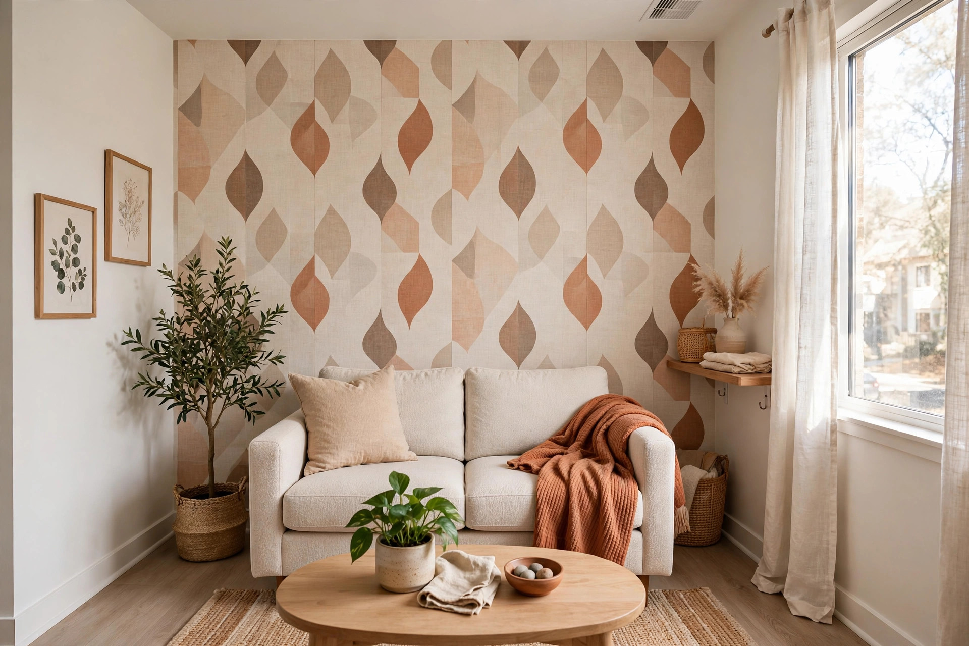 Removable patterned accent wall in warm terracotta tones behind a cream loveseat with a rust throw and wood coffee table