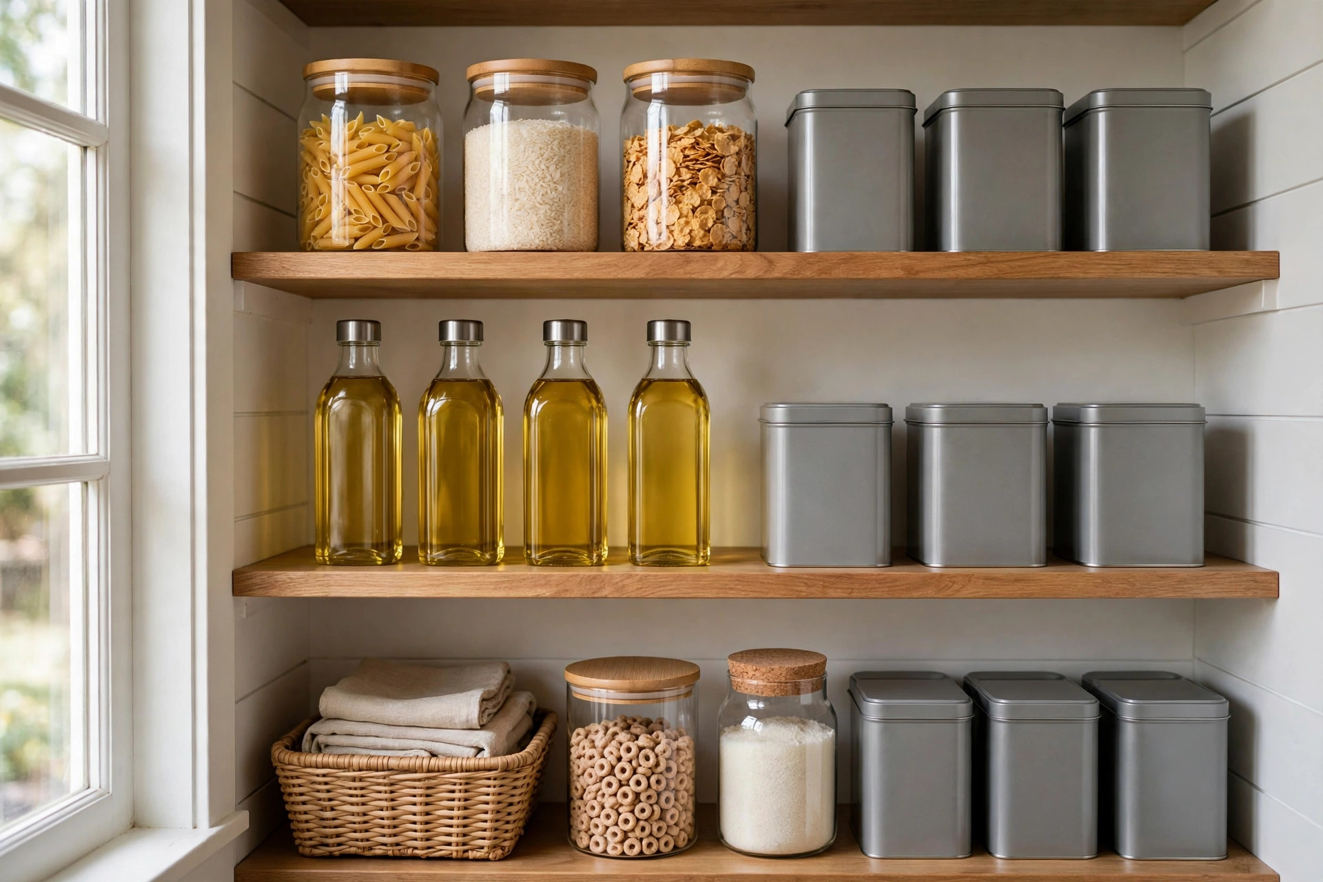 Eye-level pantry shelves with jars of pasta, rice and cereal, oil bottles and storage tins within easy reach