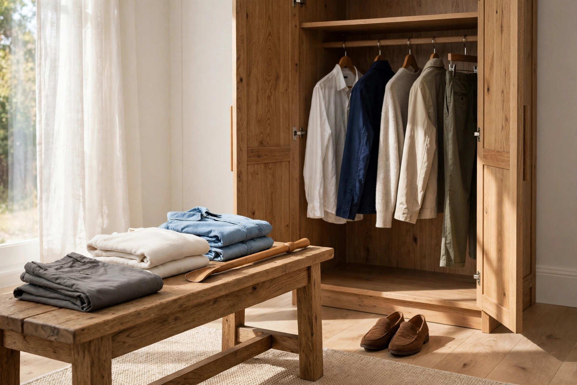 Sturdy bench with folded clothes and a shoehorn beside an open wardrobe in a tidy bedroom