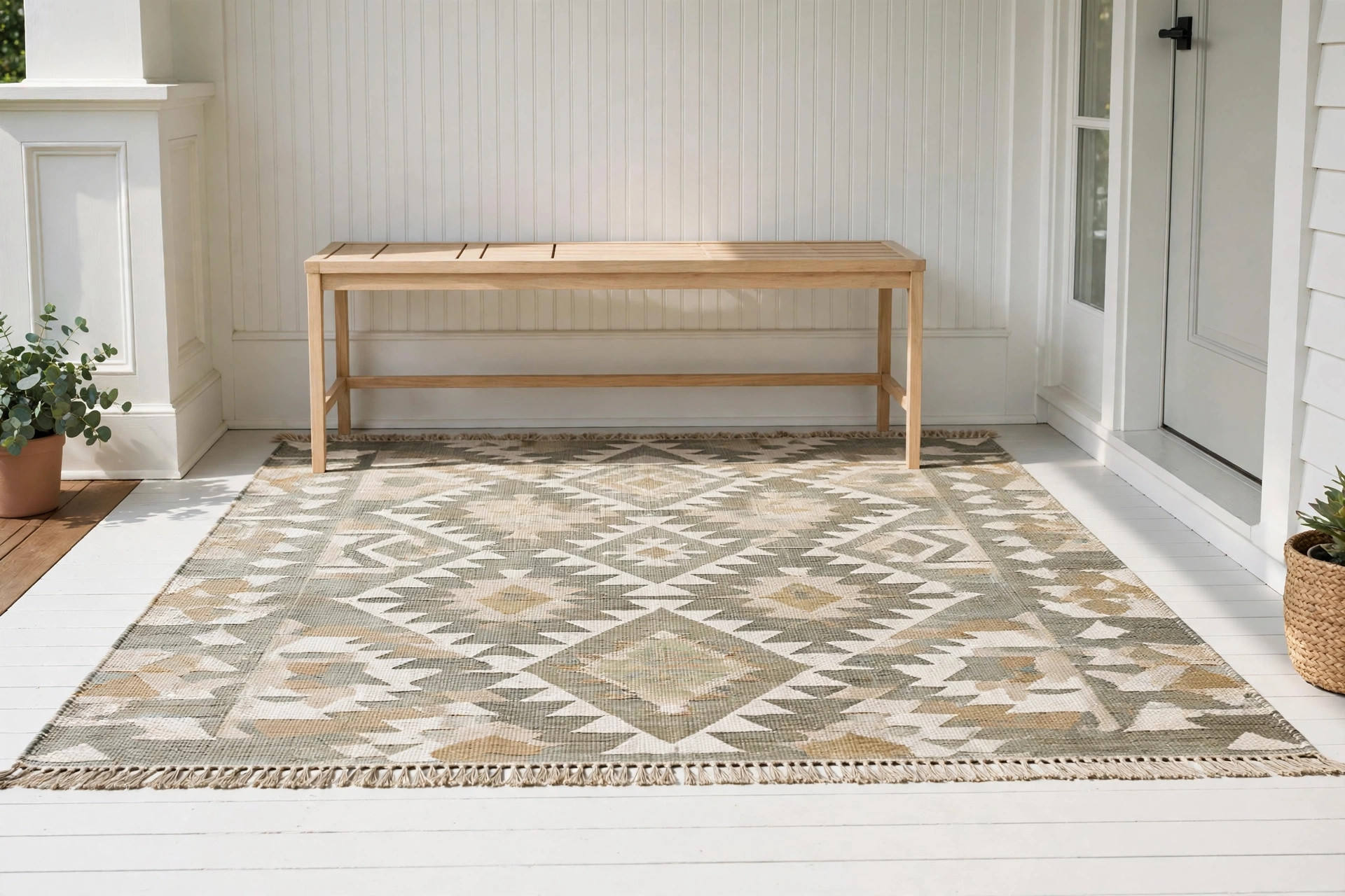 Patterned flat-weave outdoor rug defining the seating zone under a wooden bench on a small porch