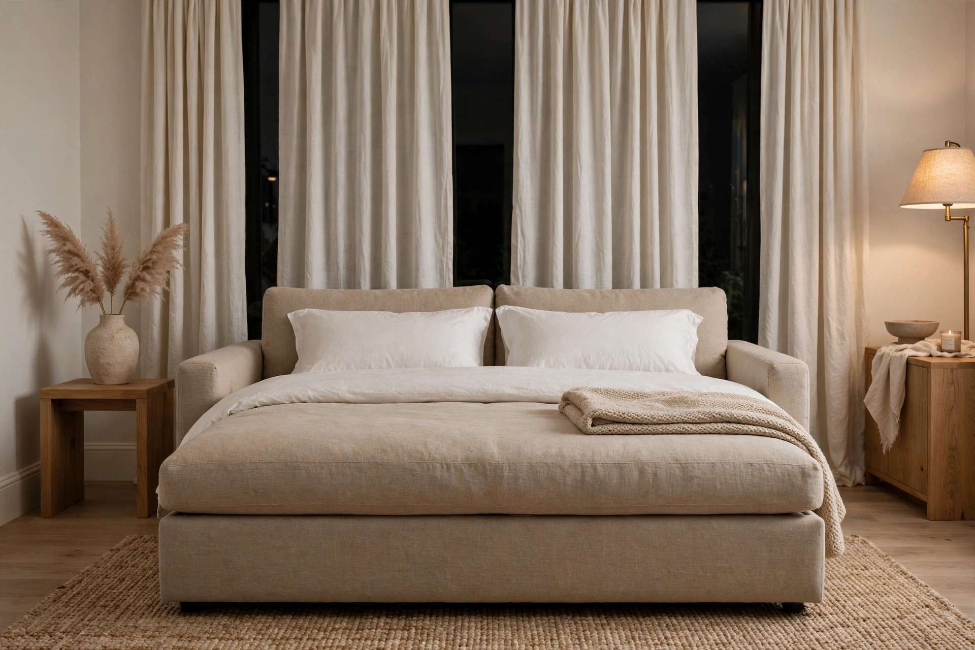 Sofa bed in front of fully drawn curtains at night, a private sofa bed living room idea