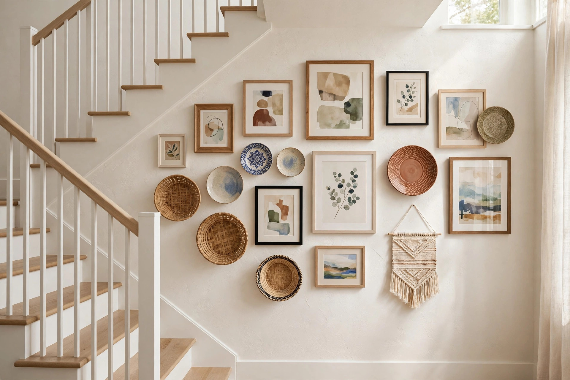 Frames mixed with decorative plates woven baskets and a textile hanging on a stairwell wall