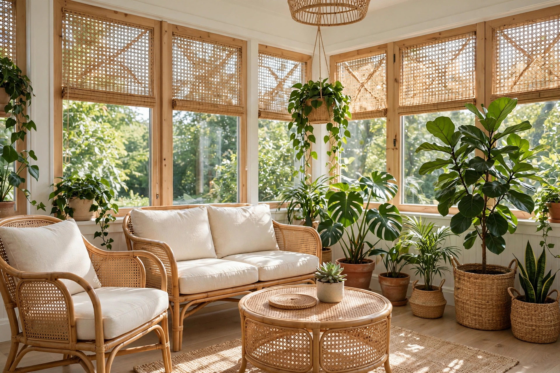 Rattan and cane sunroom furniture with cream cushions surrounded by lush green plants in natural light