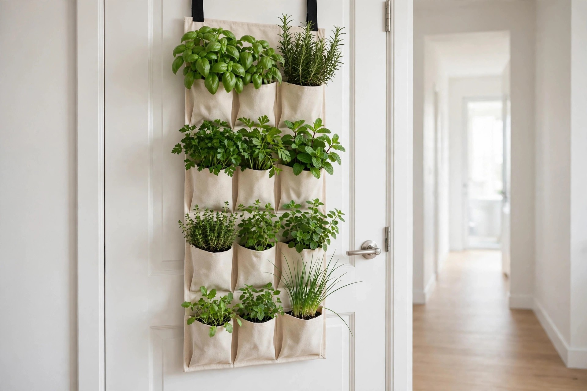 Vertical fabric pocket planter hanging on a door with herbs growing in rows of beige pockets