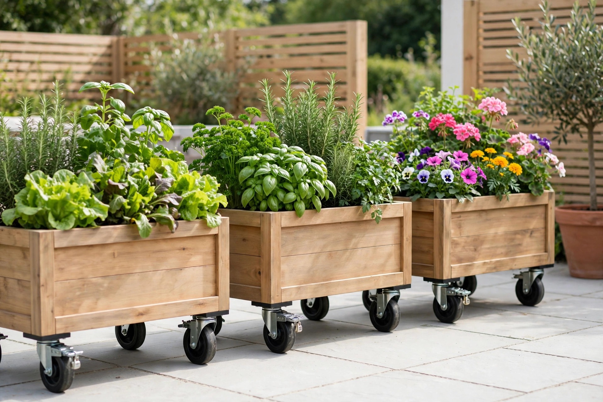 Rolling wooden planters on lockable castor wheels with herbs and flowers on a patio
