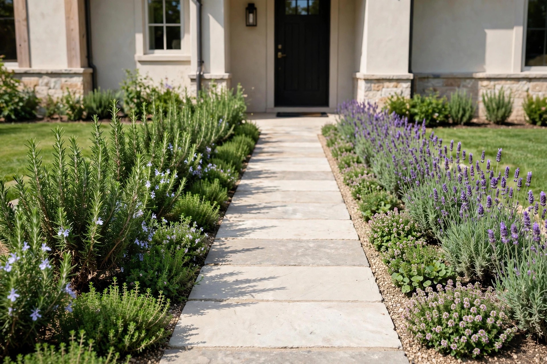 Stone front path edged with rosemary, lavender and thyme herb plants