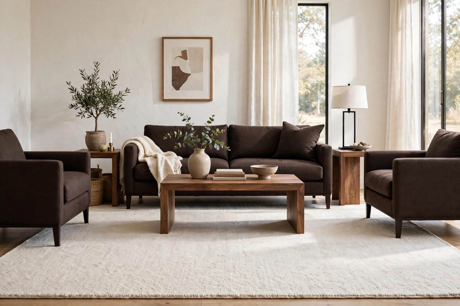 Pale ivory rug grounding dark brown seating in a modern brown living room idea