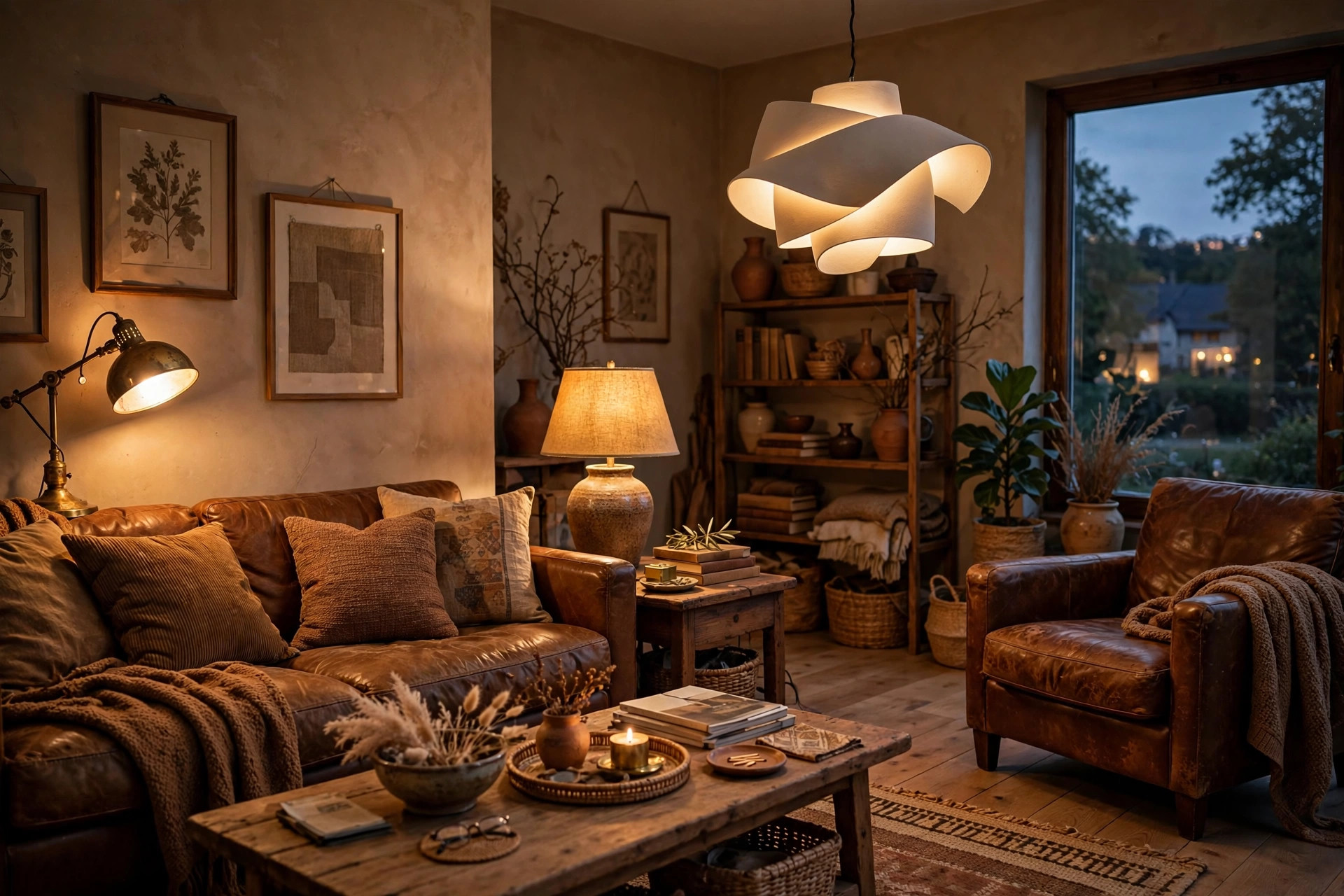 Eclectic brown living room at dusk with layered lighting, a brass pharmacy floor lamp, a ceramic table lamp and a modern pendant
