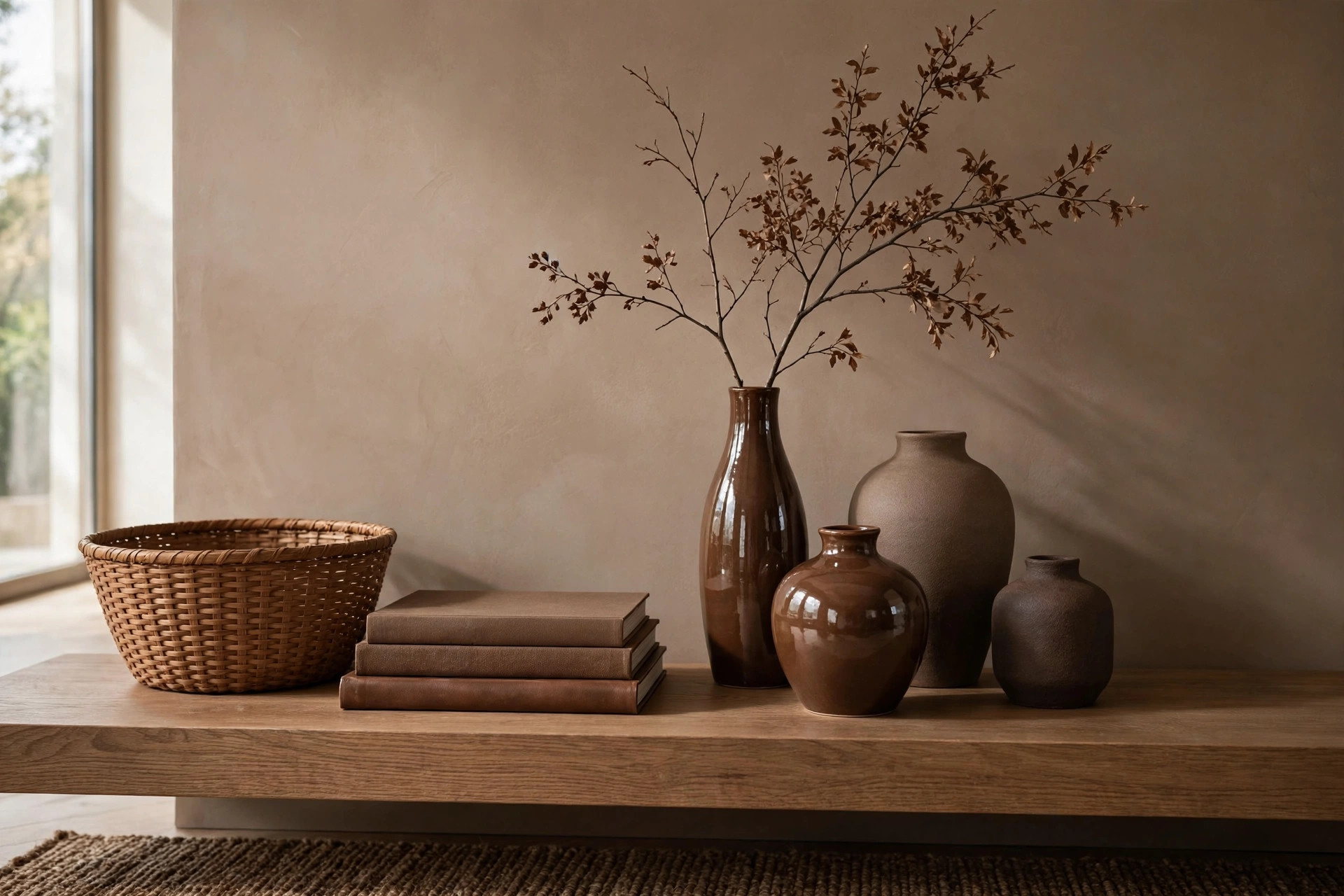 Monochrome brown vignette with ceramics, books and mixed finishes on a contemporary living room console