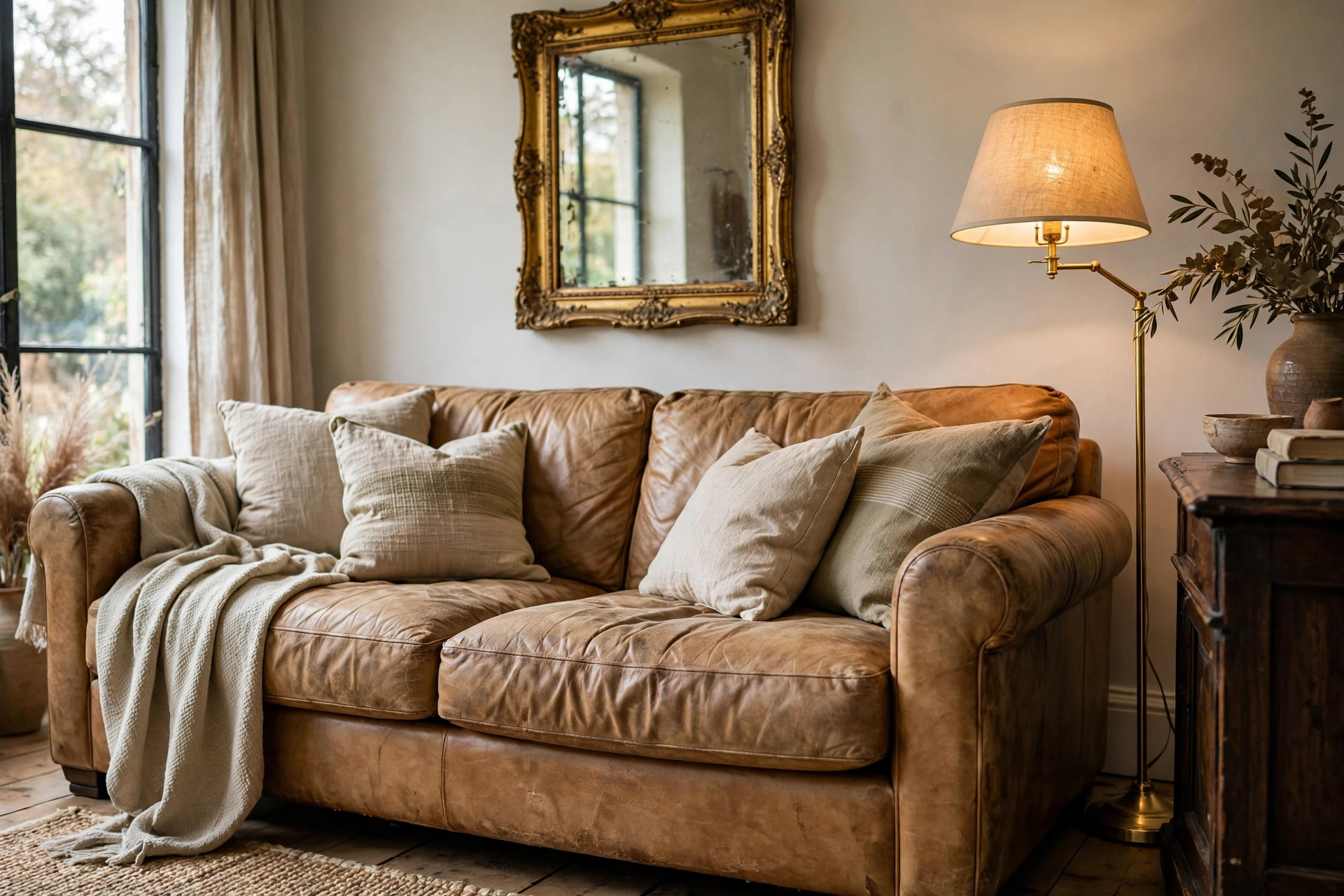 Camel leather sofa with gold floor lamp and antique mirror in a brown and gold living room