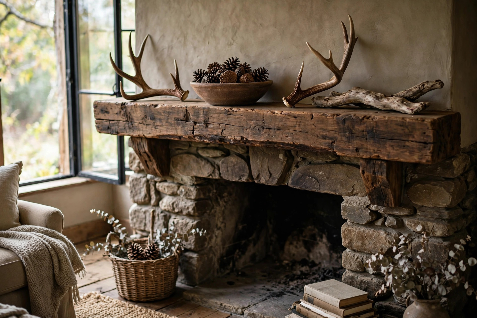Naturally shed antlers and natural found objects styled on a timber mantel in a rustic brown living room