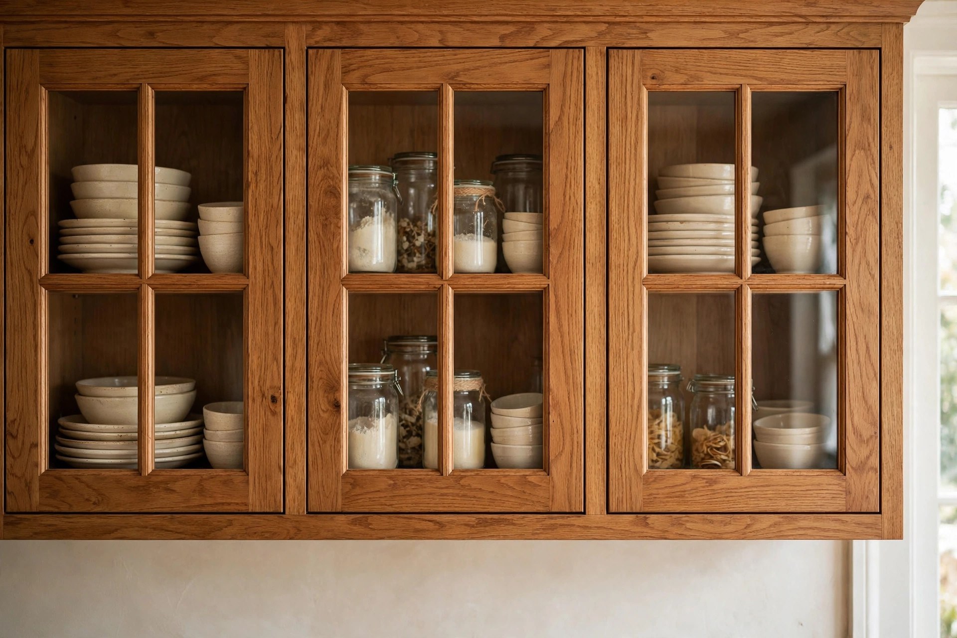 Glass-front upper cabinets in a warm wood frame showing dishes in an oak kitchen