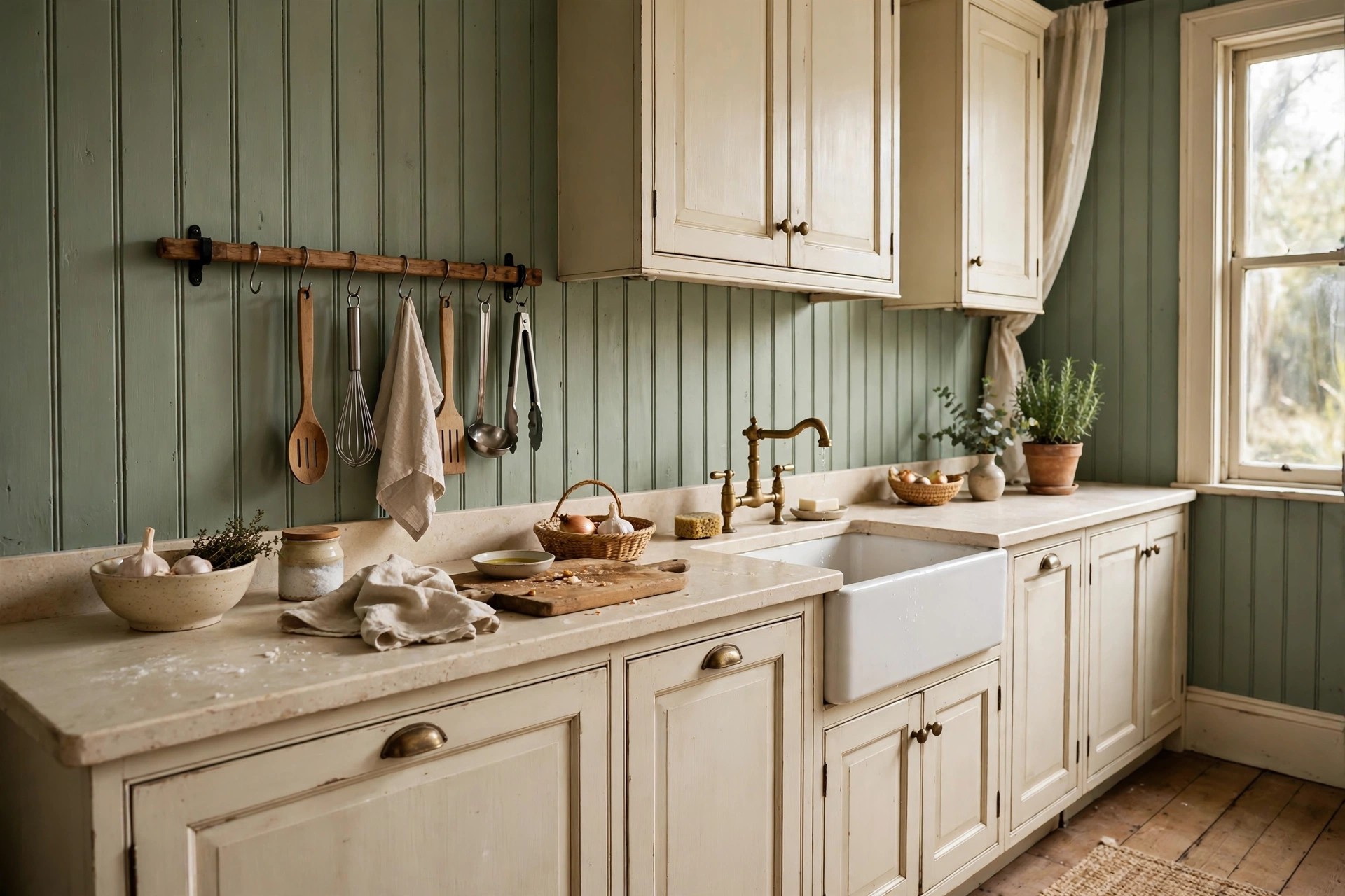 Sage green tongue-and-groove wall panelling with cream kitchen cabinets