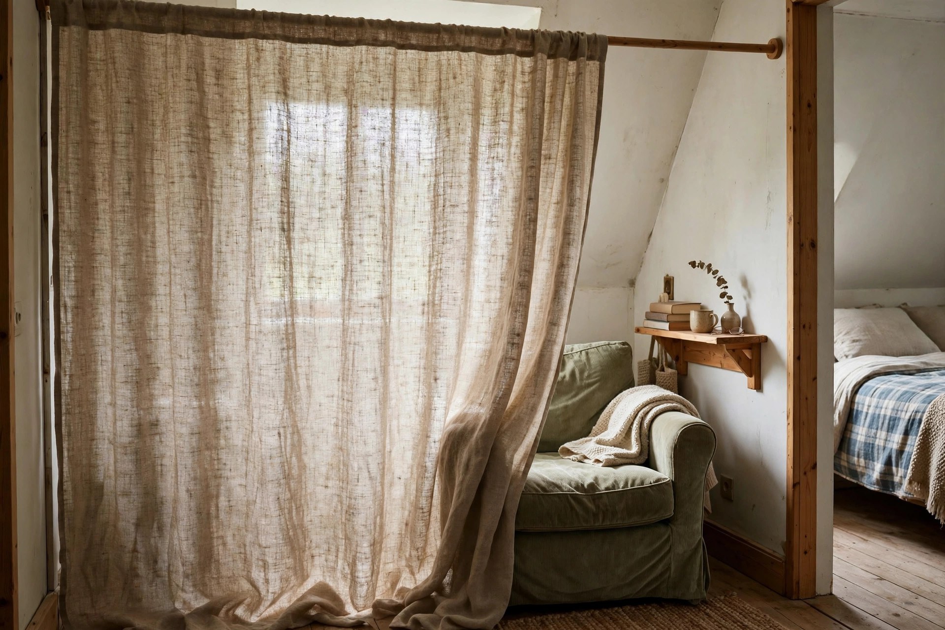 Reading nook with a linen curtain drawn across the entrance for privacy in a shared bedroom