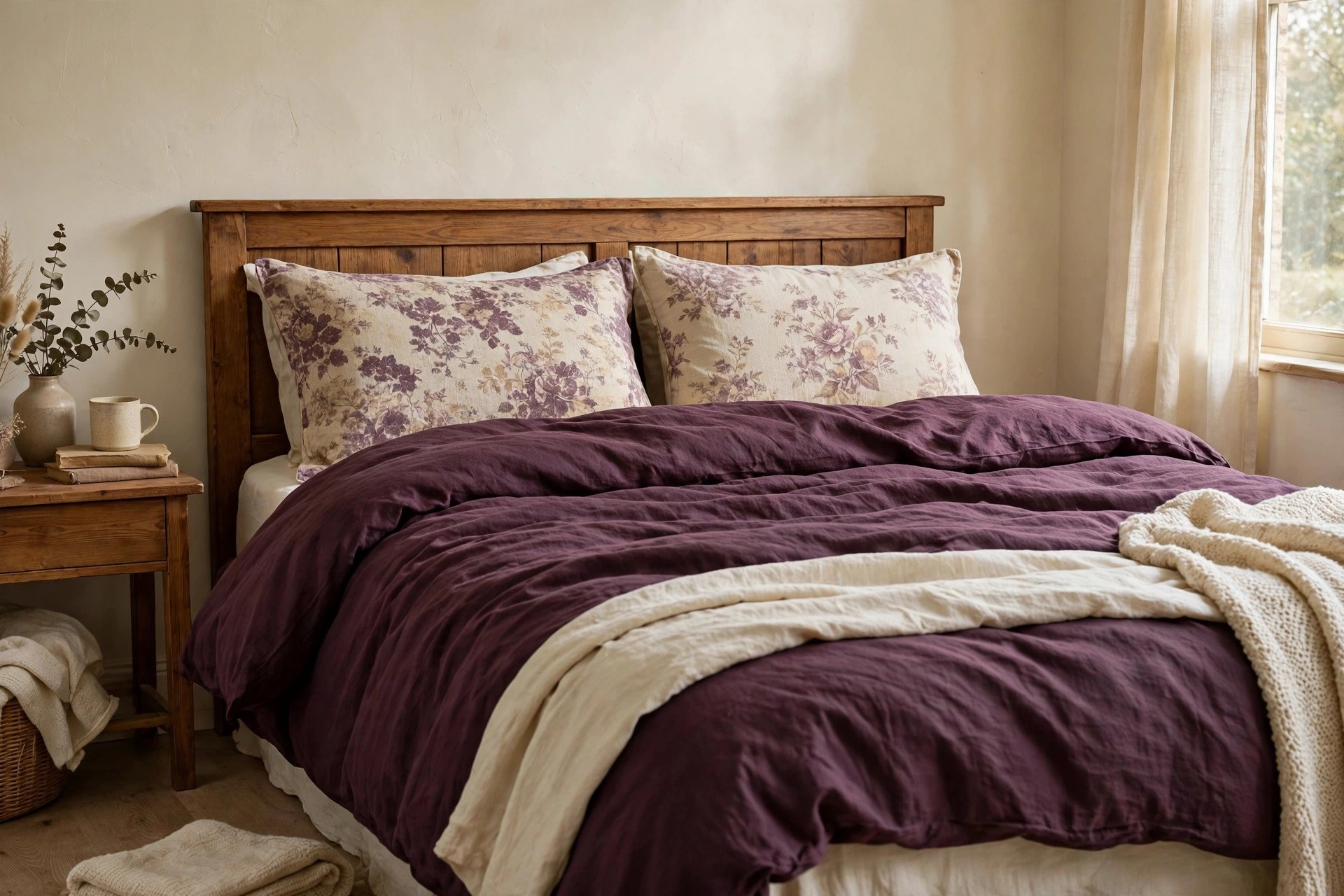 Small patterned cushions in plum and cream adding a quiet pattern dose to a plum bedroom