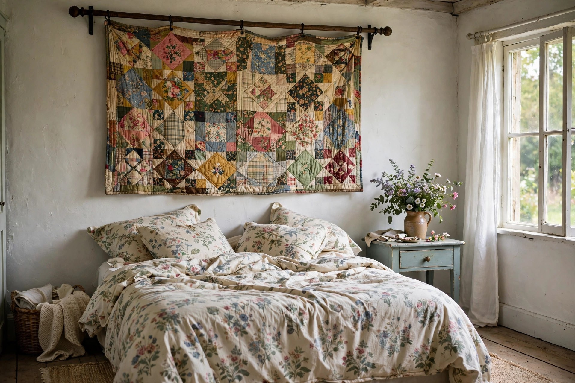 Vintage patchwork quilt hanging on a wooden rod above a cottage bed with no headboard